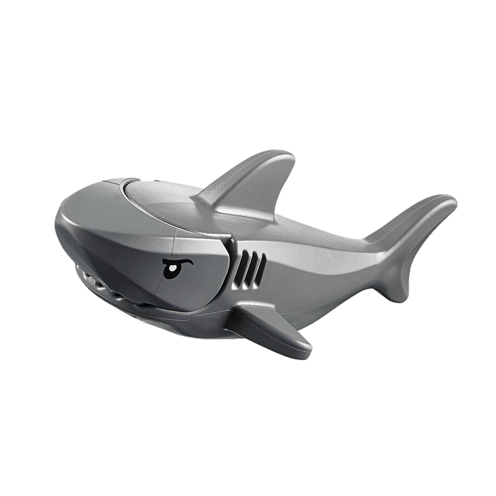 Figura giocattolo di squalo grigio con pinne e branchie.