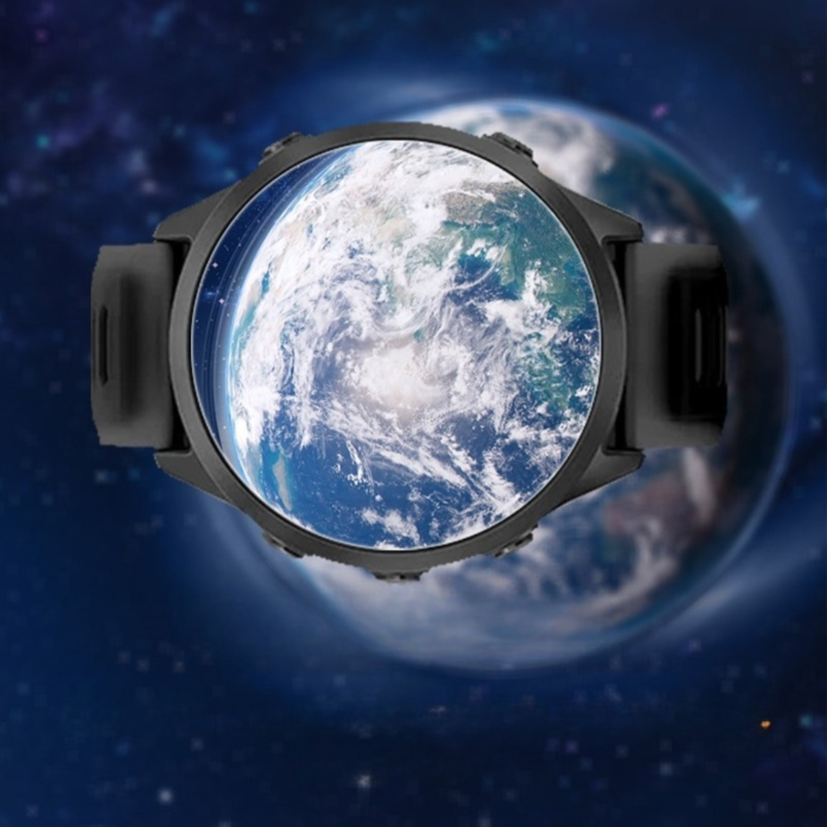 Eine schwarze Smartwatch zeigt die Erde im Weltraum, mit einem weiteren Planeten im Hintergrund.