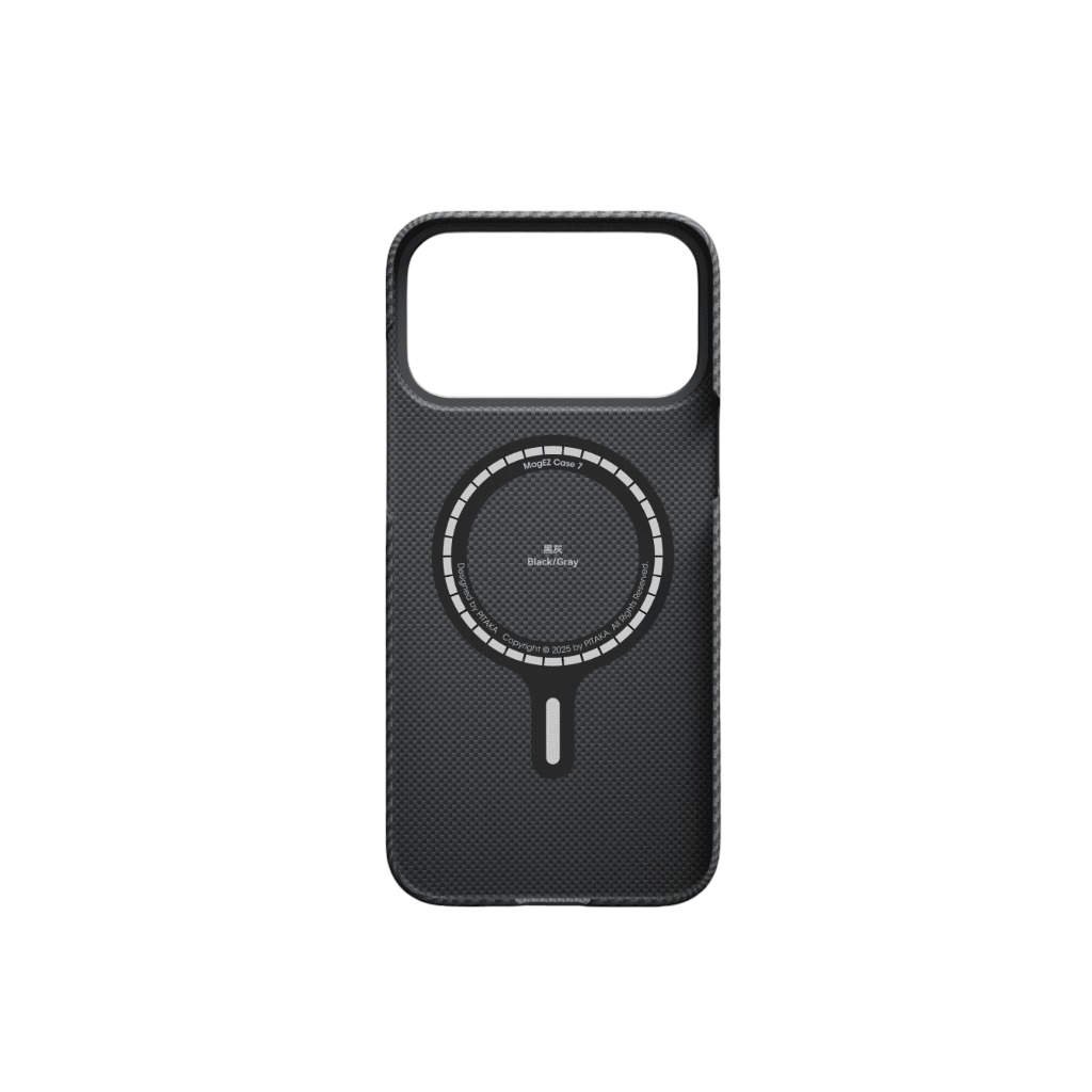 Czarna obudowa na telefon z kółkiem MagSafe i napisem: MagEZ Case 7, Black/Gray.