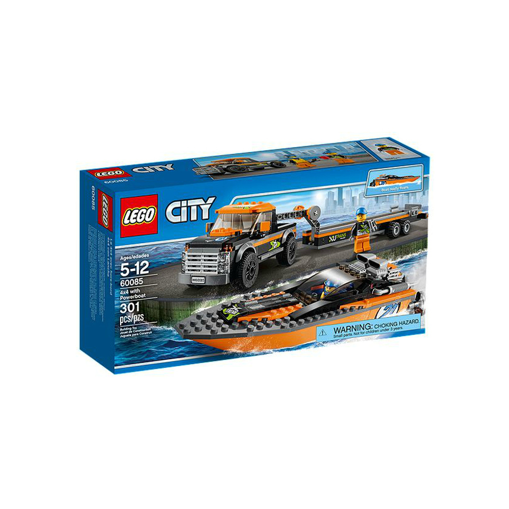 Scatola LEGO City raffigurante motoscafo, camion e rimorchio arancioni e neri.
