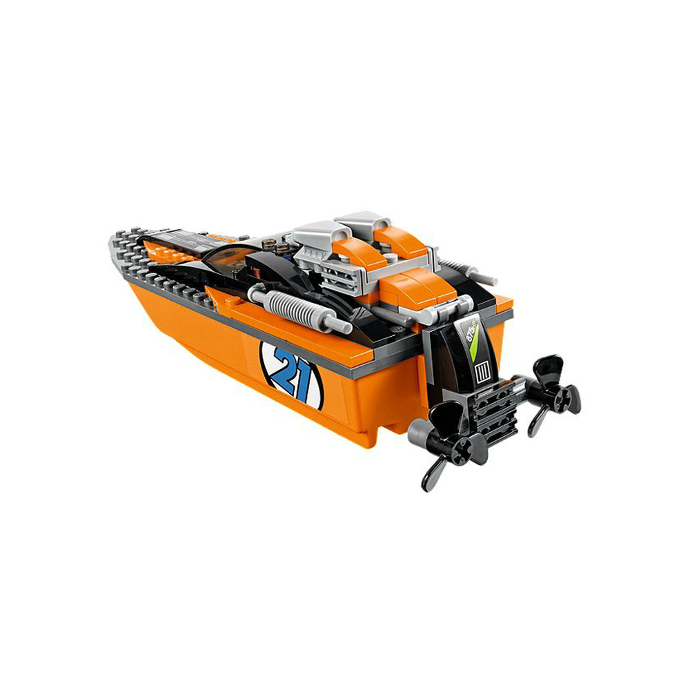 Motoscafo Lego arancione e nero con due eliche e il numero 21.