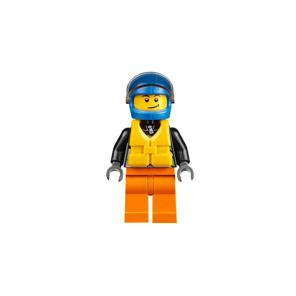 Una figura Lego con casco blu, giubbotto giallo e pantaloni arancioni.