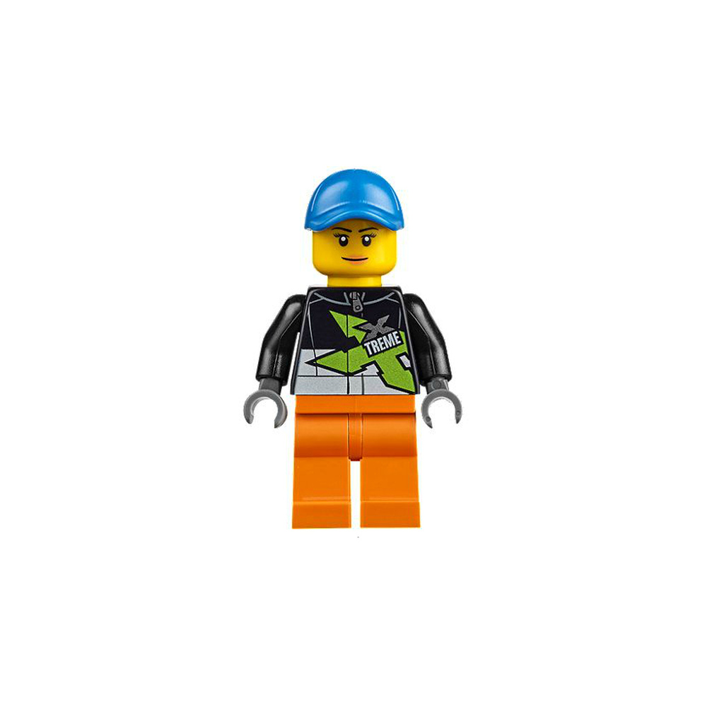 Personaggio Lego con cappellino blu, giacca nera, pantaloni arancioni e stampa "Xtreme".