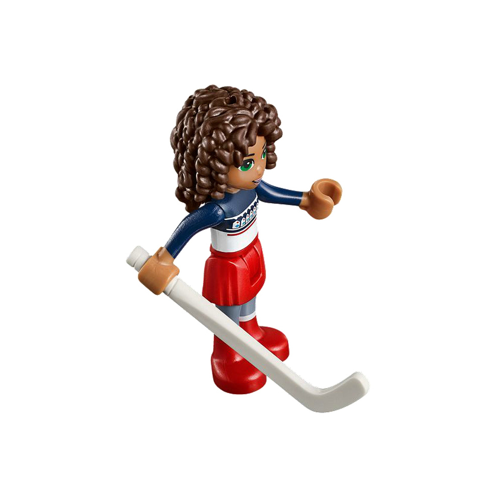 Una figura Lego con capelli ricci castani, che tiene un bastone da hockey.