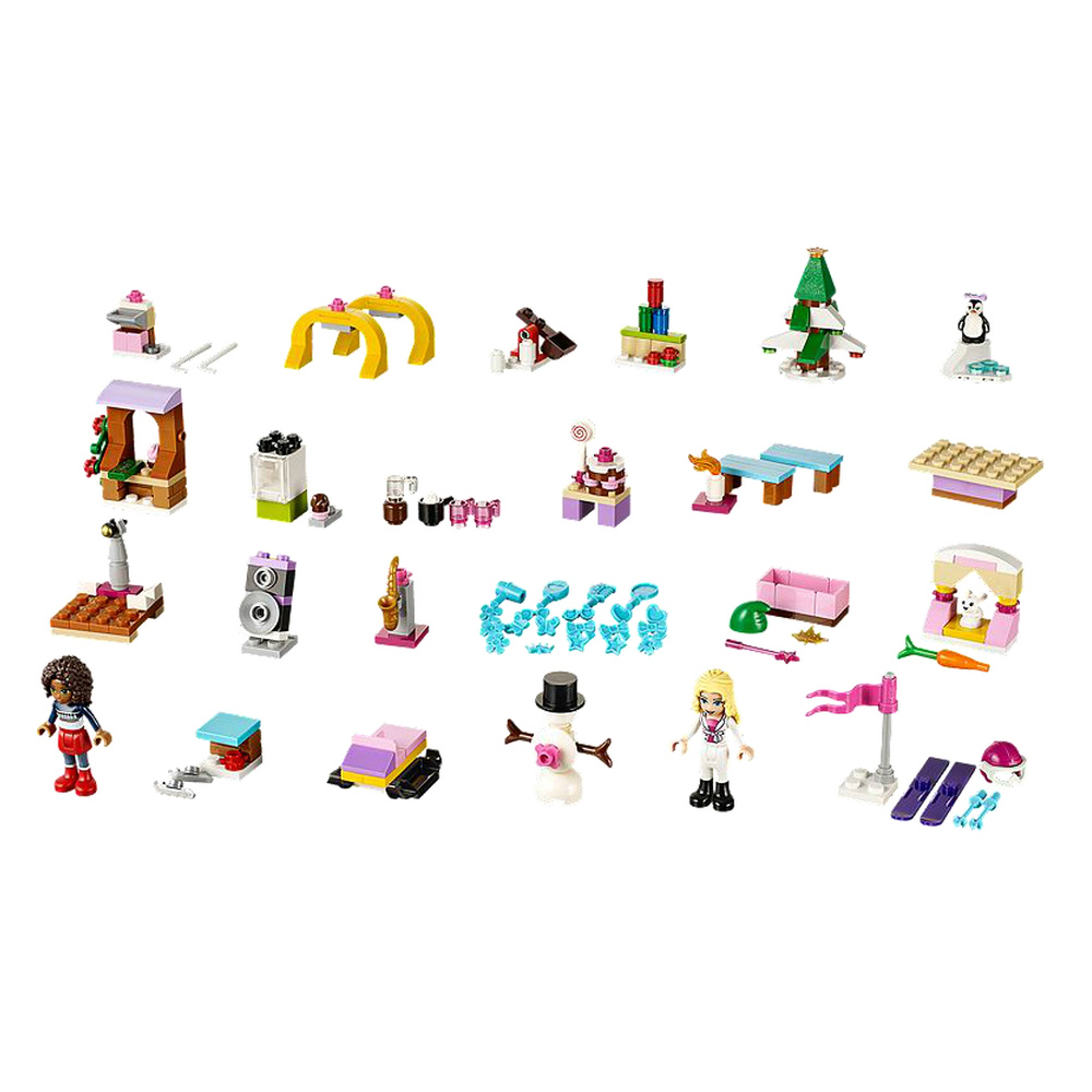 Una collezione di giocattoli Lego tra cui figure, un pupazzo di neve e un albero di Natale.