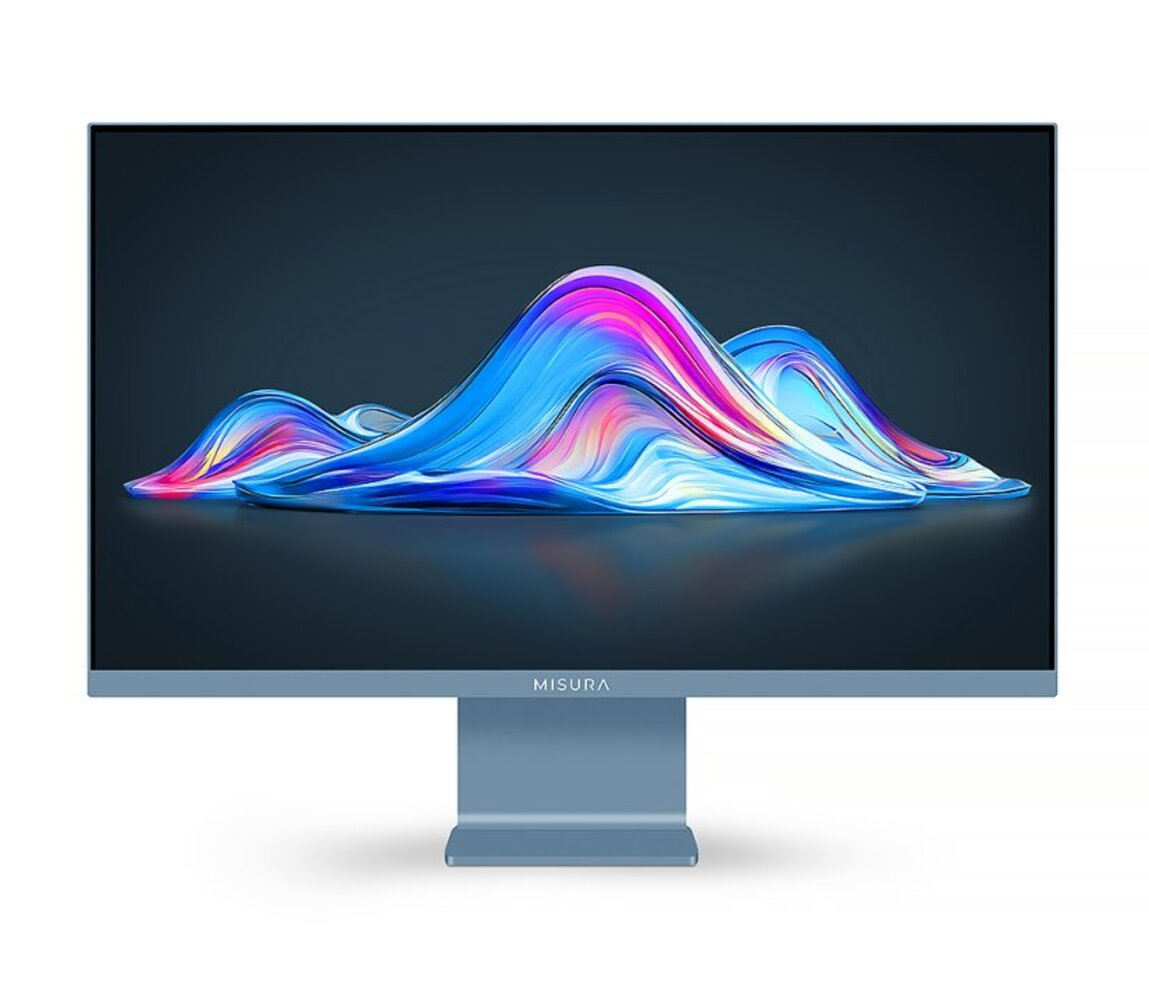 Un monitor azul muestra una forma de onda abstracta y colorida sobre fondo oscuro.