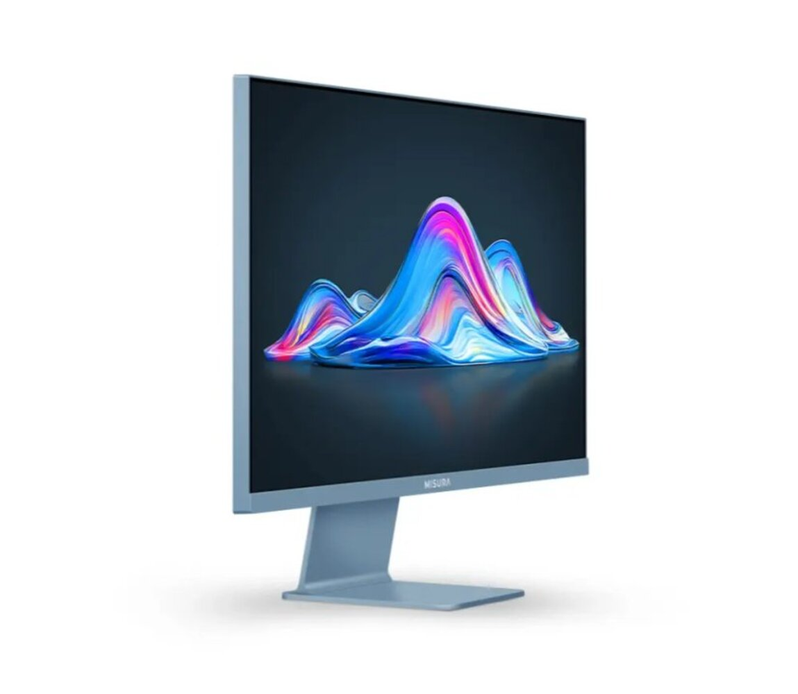 Un monitor azul con una imagen abstracta colorida en su pantalla.