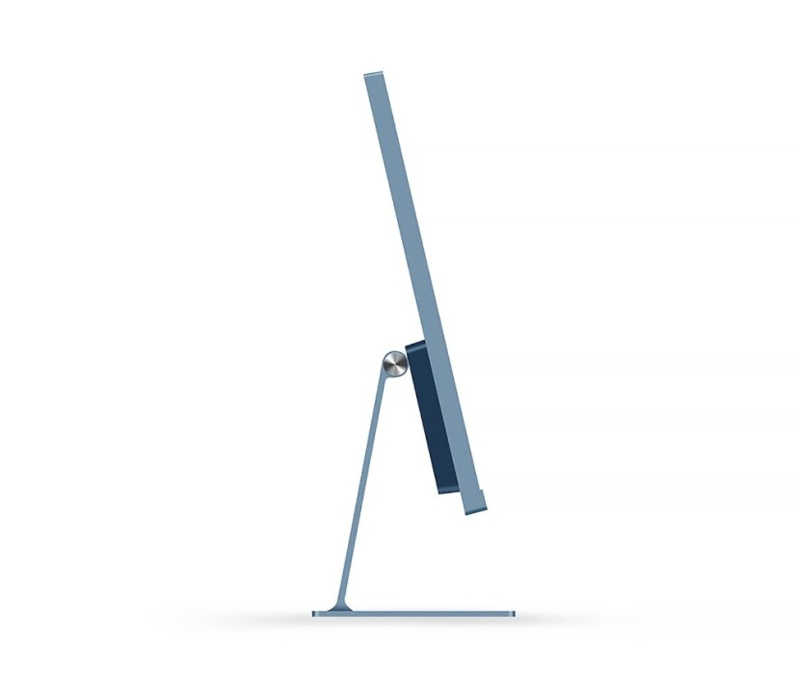 Un iMac azul se muestra sobre un fondo blanco.