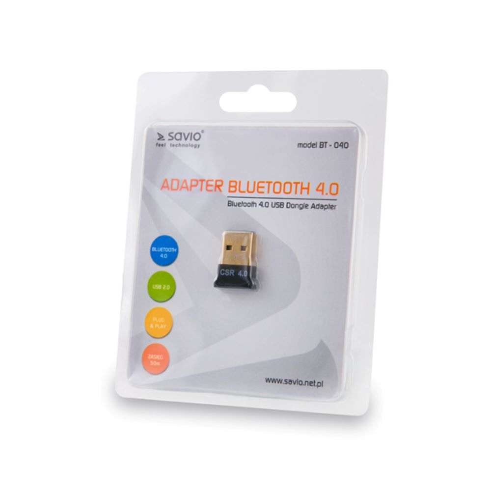 Adapter USB Bluetooth 4.0 Savio w blistrze z cechami produktu.