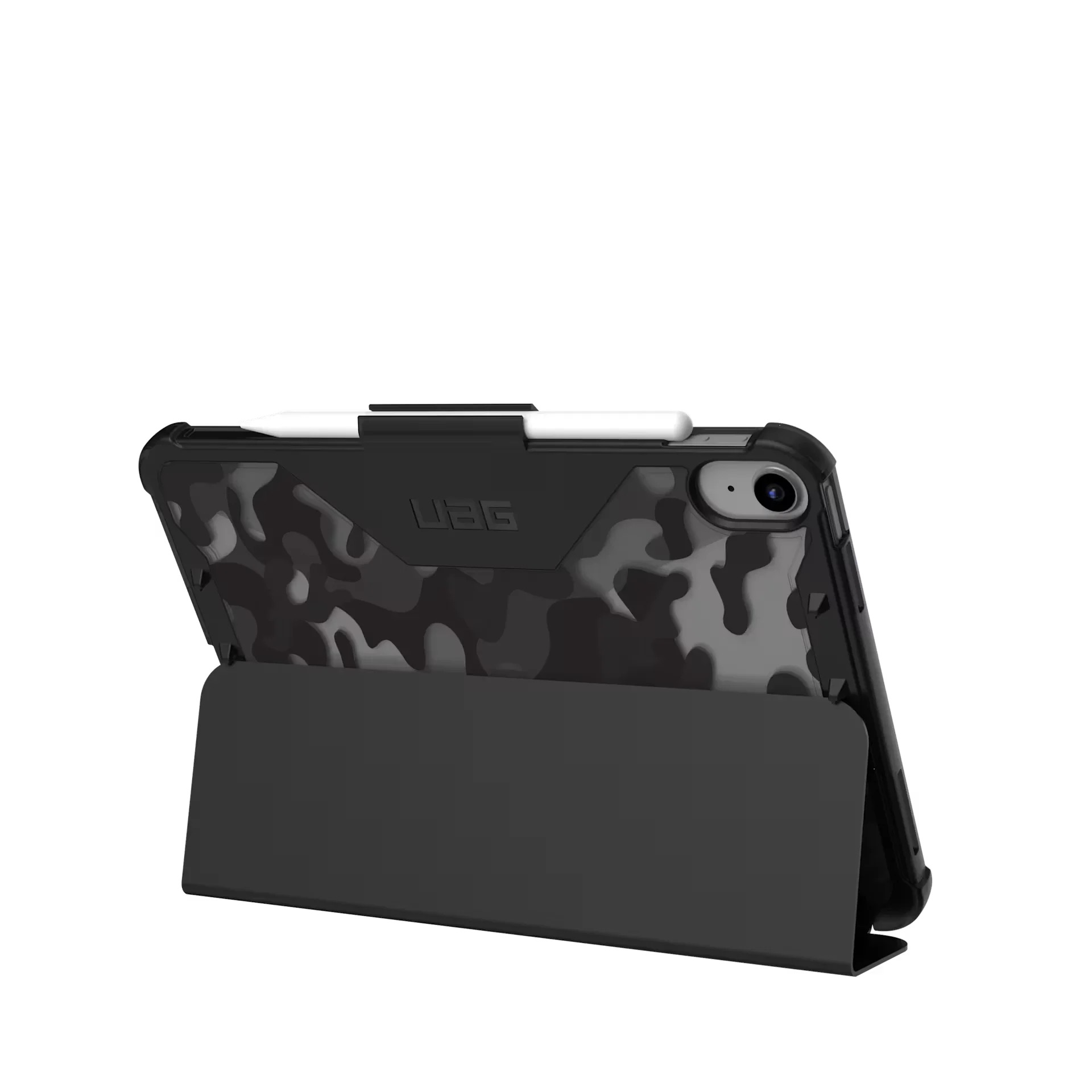 Tablet z czarnym wzorem kamuflażu i uchwytem na rysik.