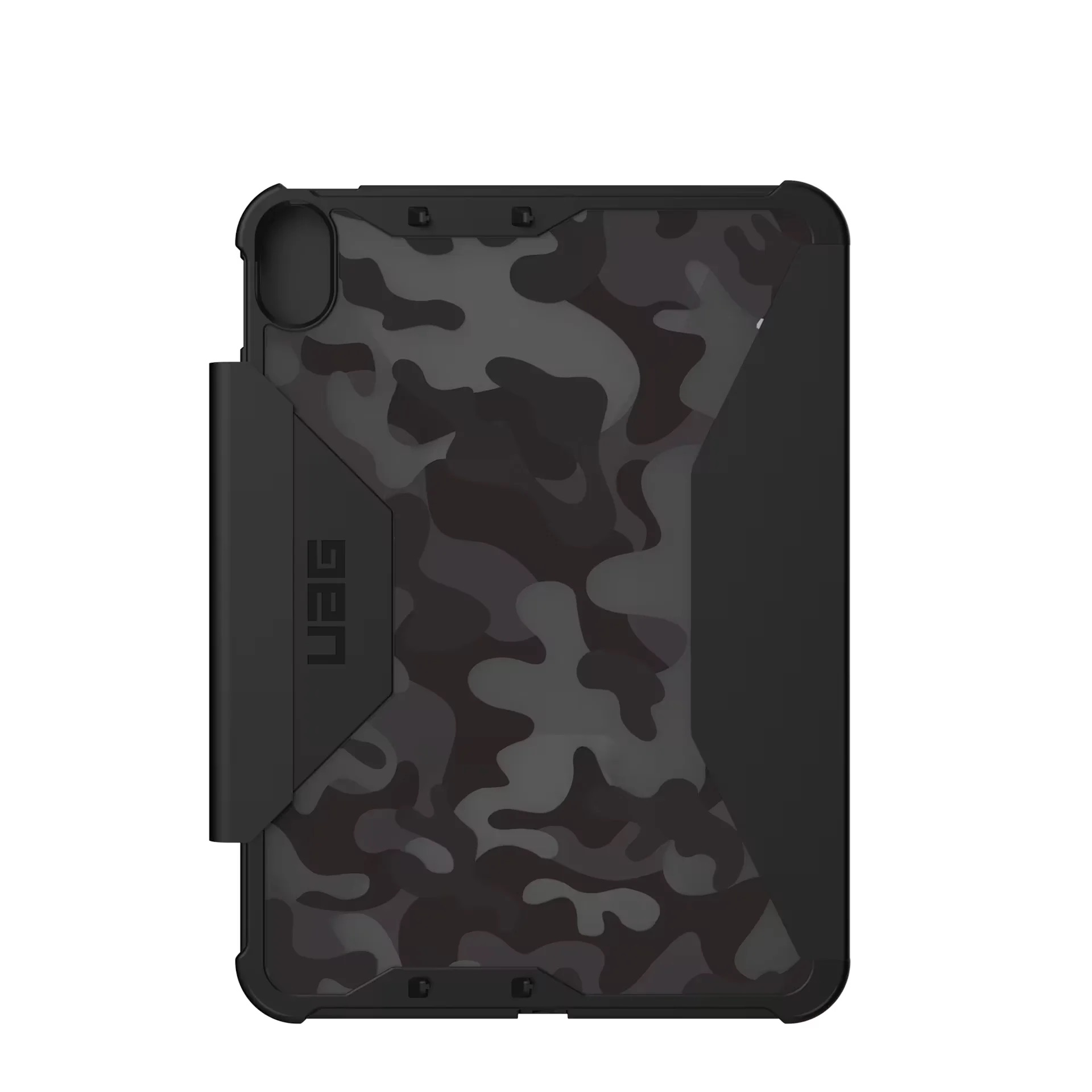 Czarna obudowa na tablet z szarym wzorem kamuflażu i logo UAG.