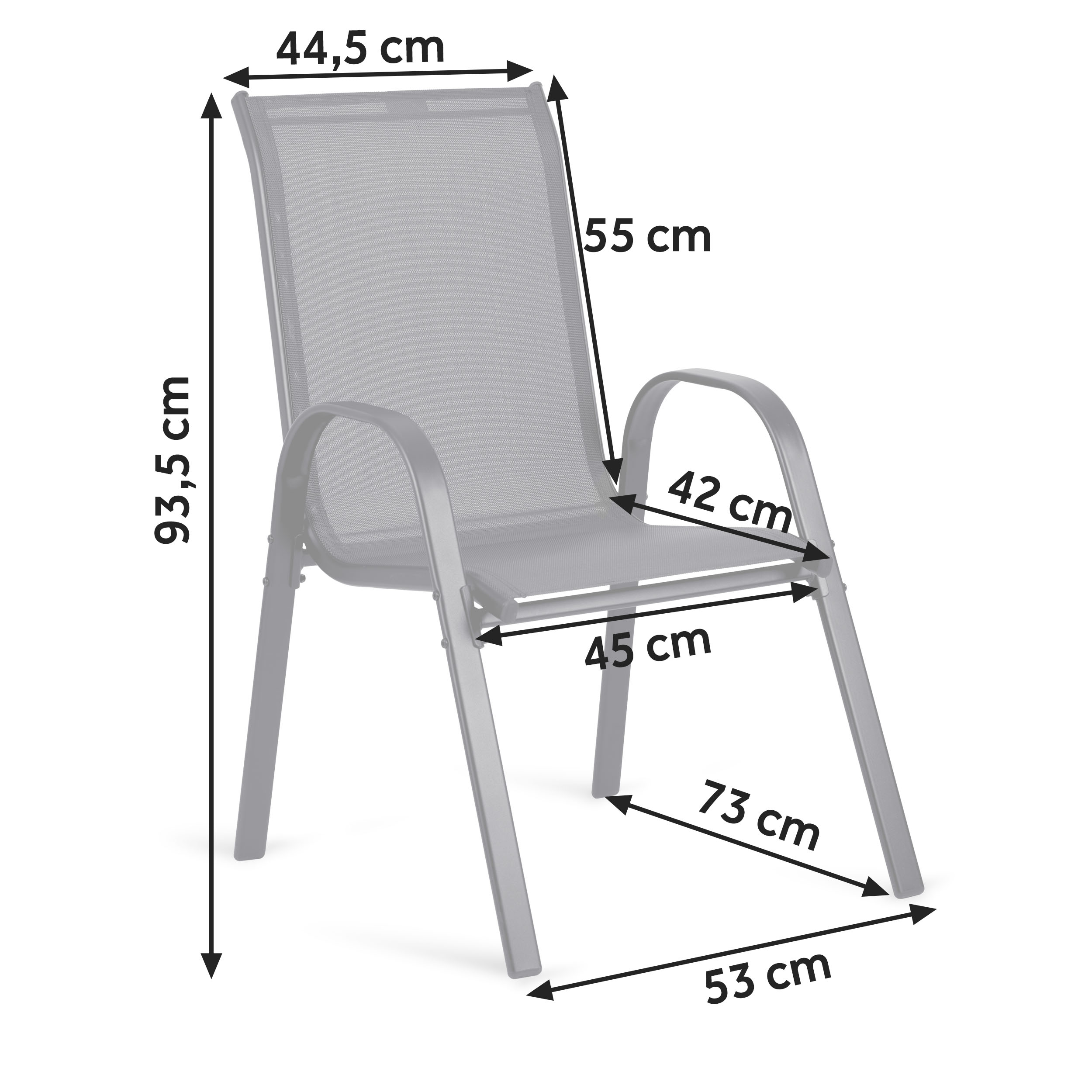 Szare krzesło o wymiarach: 93,5cm wysokość, 55cm szerokość, 44,5cm głębokość.