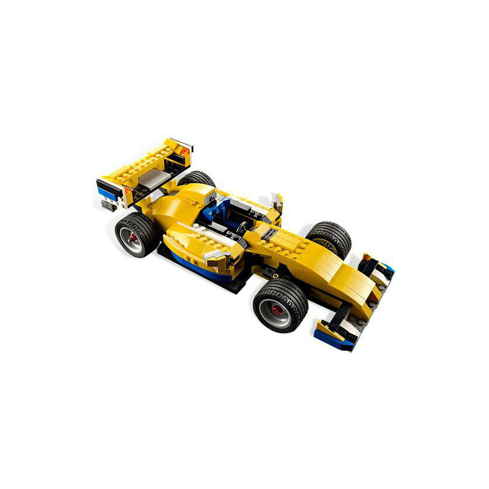 Una macchina da corsa Lego di Formula 1 gialla con pneumatici neri e accenti blu.