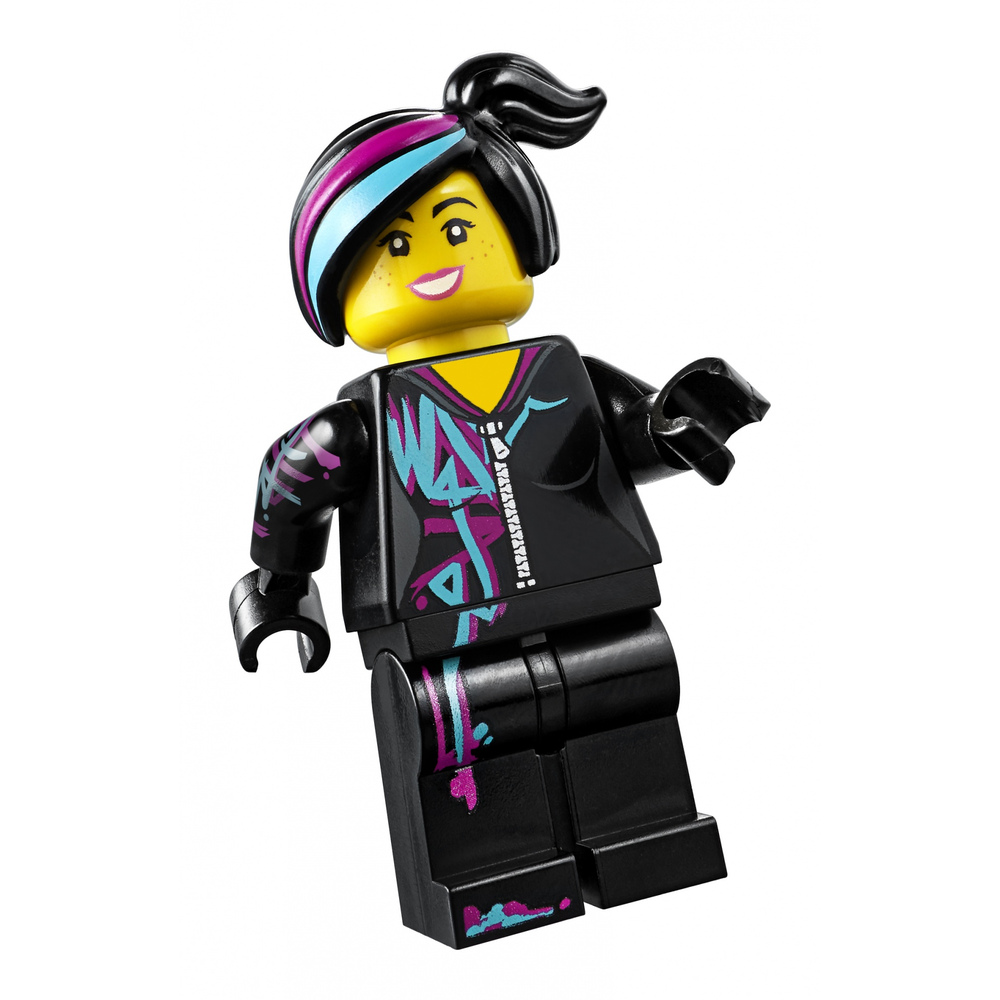 Personaggio Lego con capelli neri, ciocche blu e viola, viso giallo, giacca nera con accenti viola e blu.