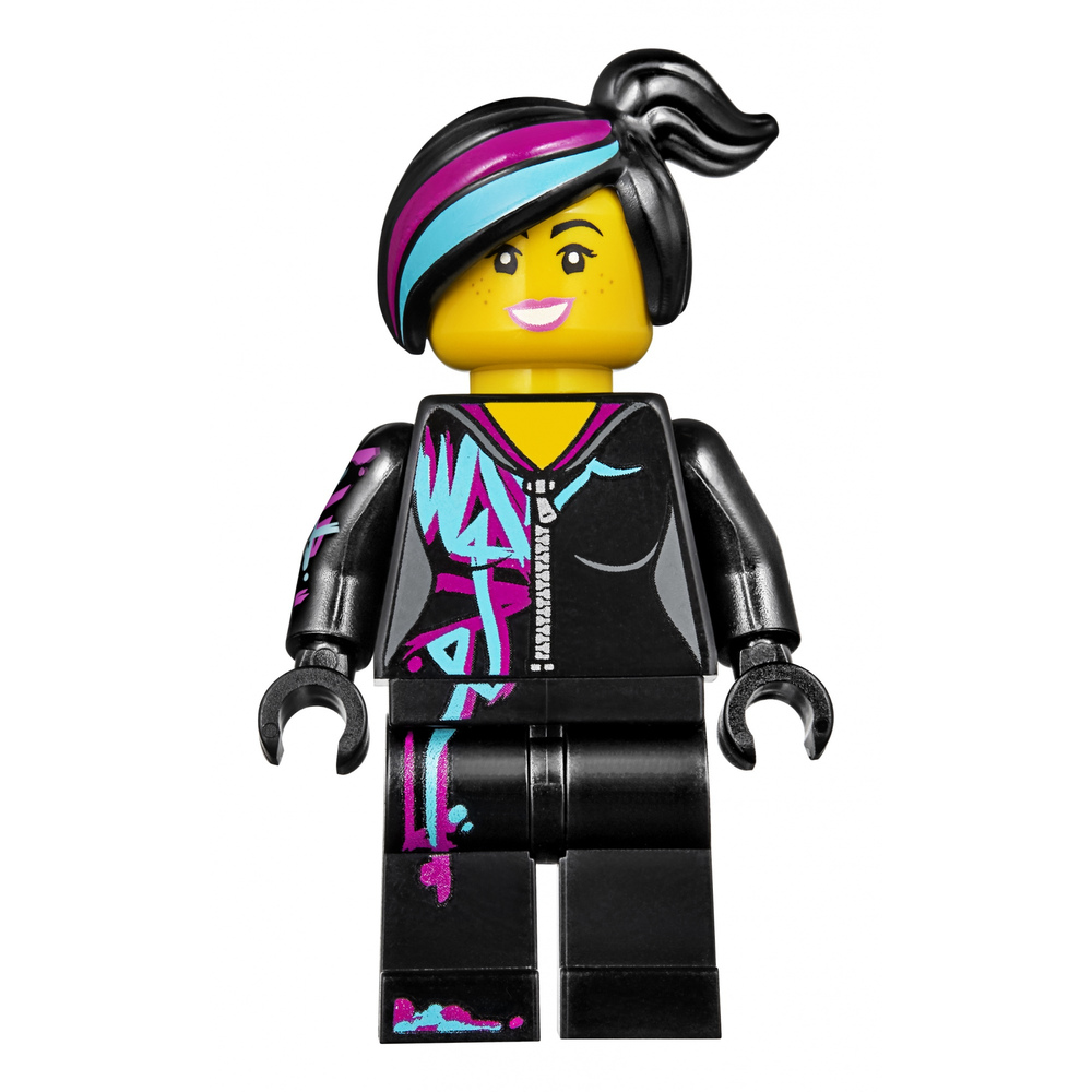 Una figura Lego con viso giallo, capelli neri con ciocche blu e rosa, e abiti neri.