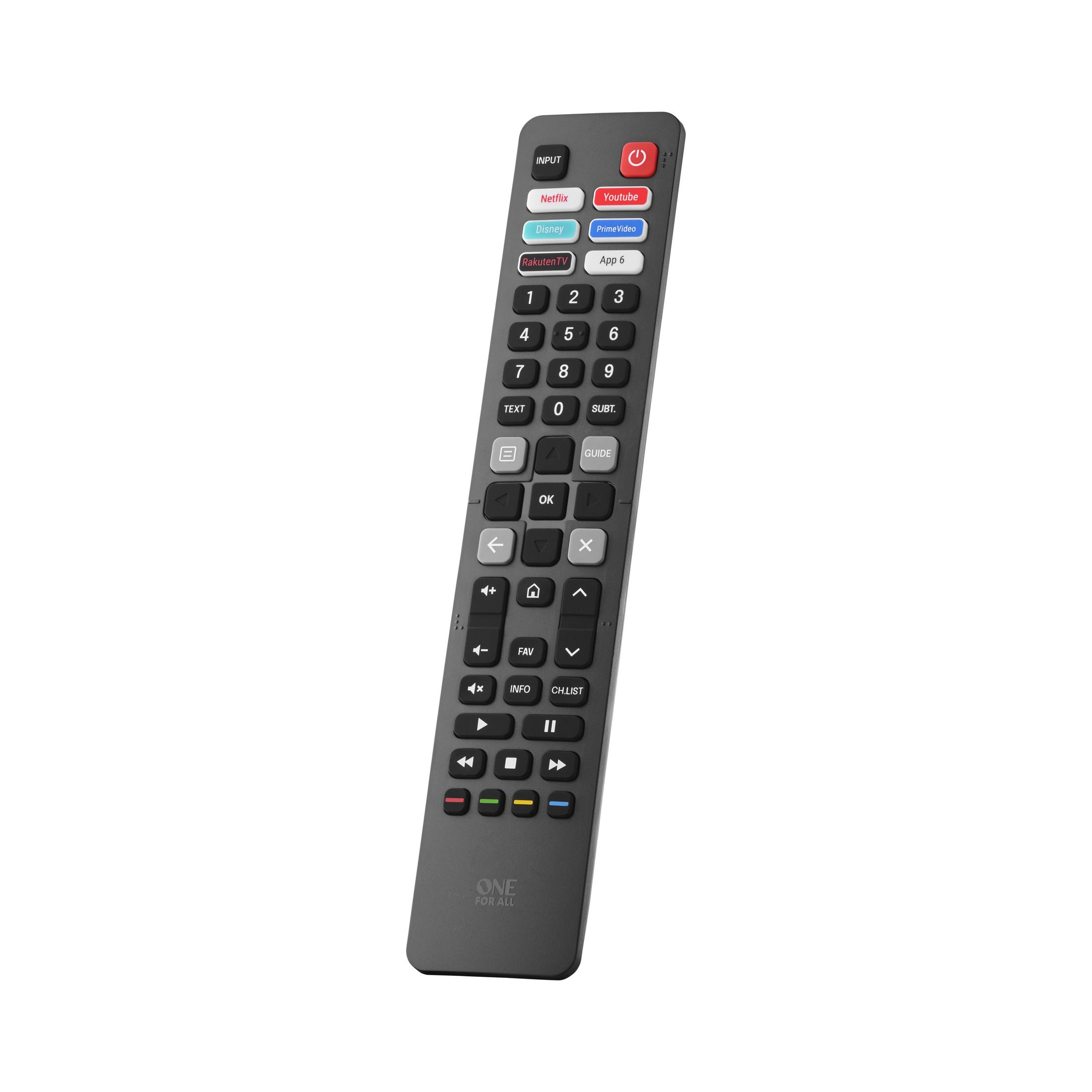 Telecomando nero con tastierino numerico e pulsanti servizi streaming.