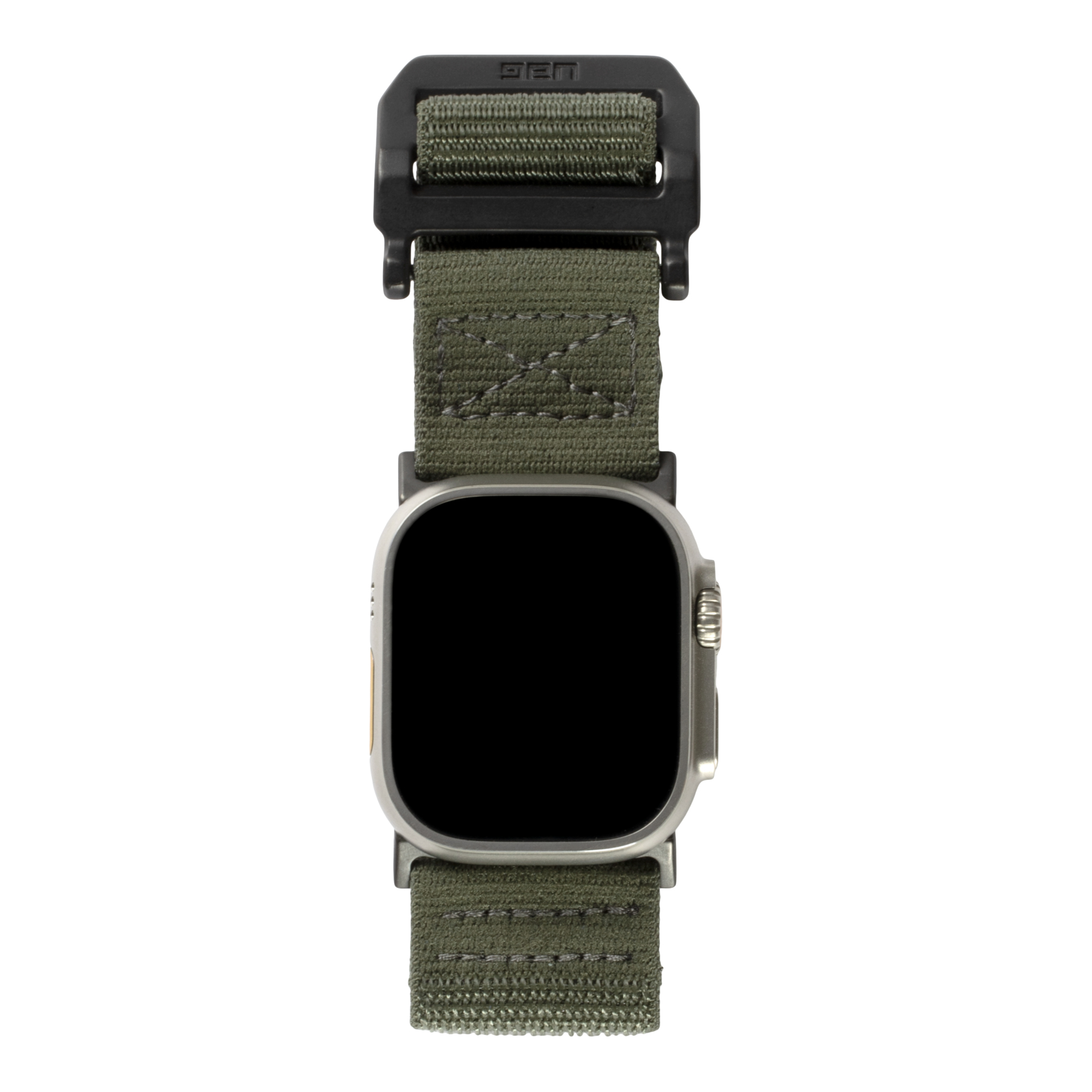 Srebrny smartwatch z czarnym wyświetlaczem i oliwkowozielonym paskiem.