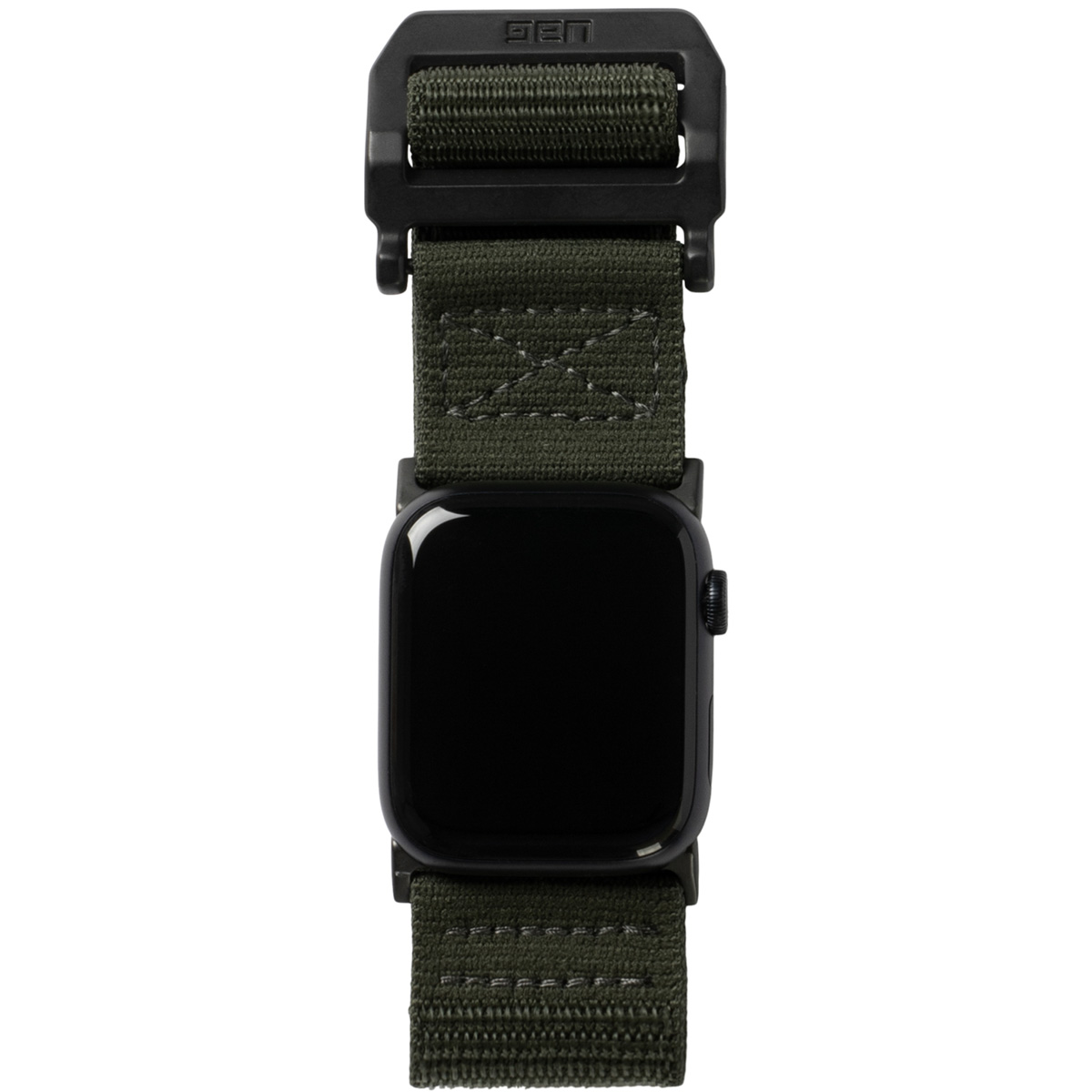 Czarny smartwatch z ciemnozielonym paskiem materiałowym i czarną klamrą.