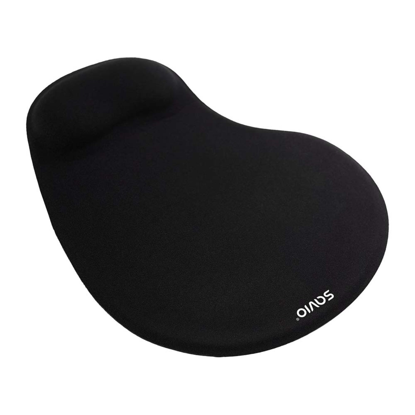 Czarna ergonomiczna podkładka pod mysz z podpórką na nadgarstek i logo Savio.