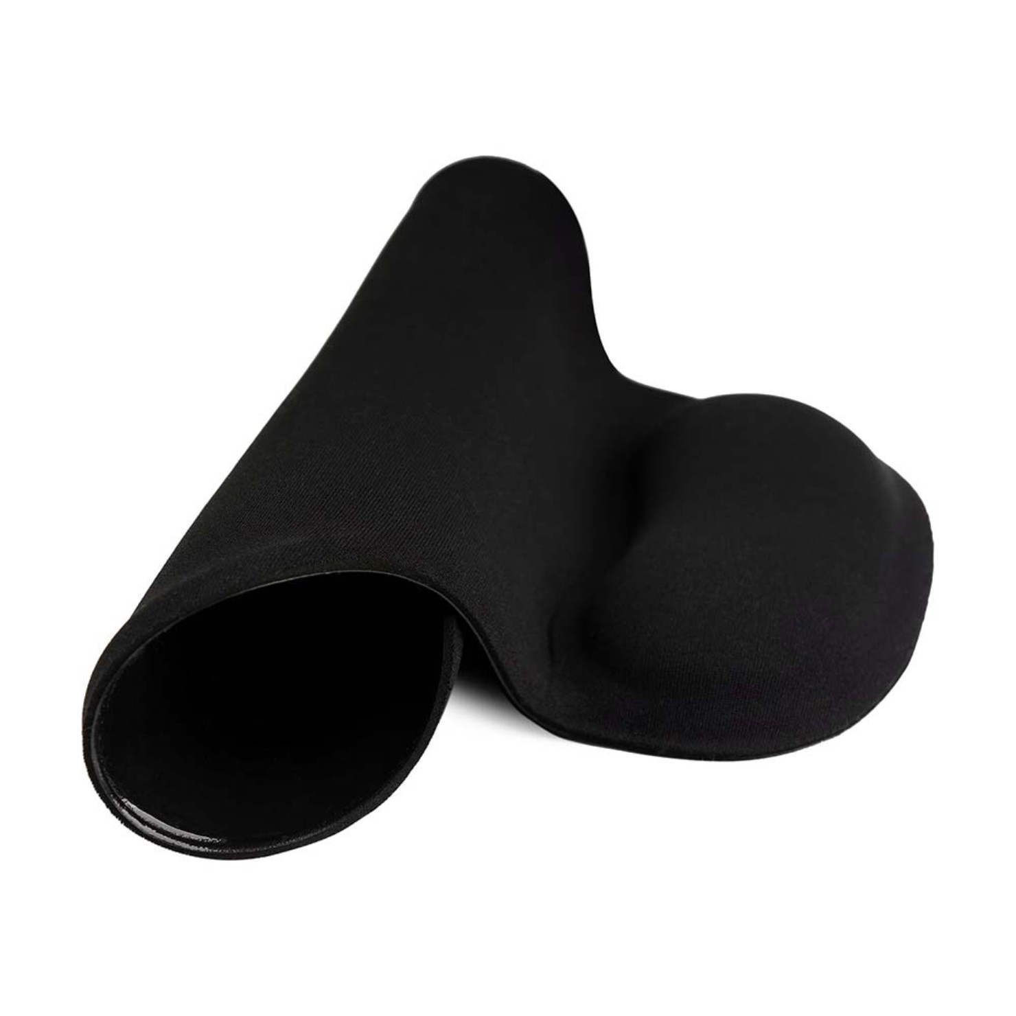 Ergonomiczna czarna podkładka pod mysz z podparciem nadgarstka, na białym tle.