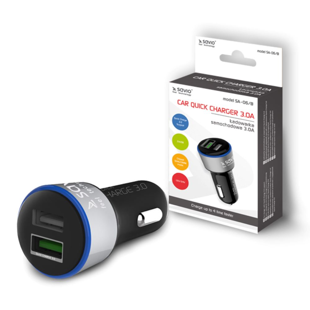 Czarno-biała samochodowa ładowarka szybka z dwoma portami USB i opakowaniem.