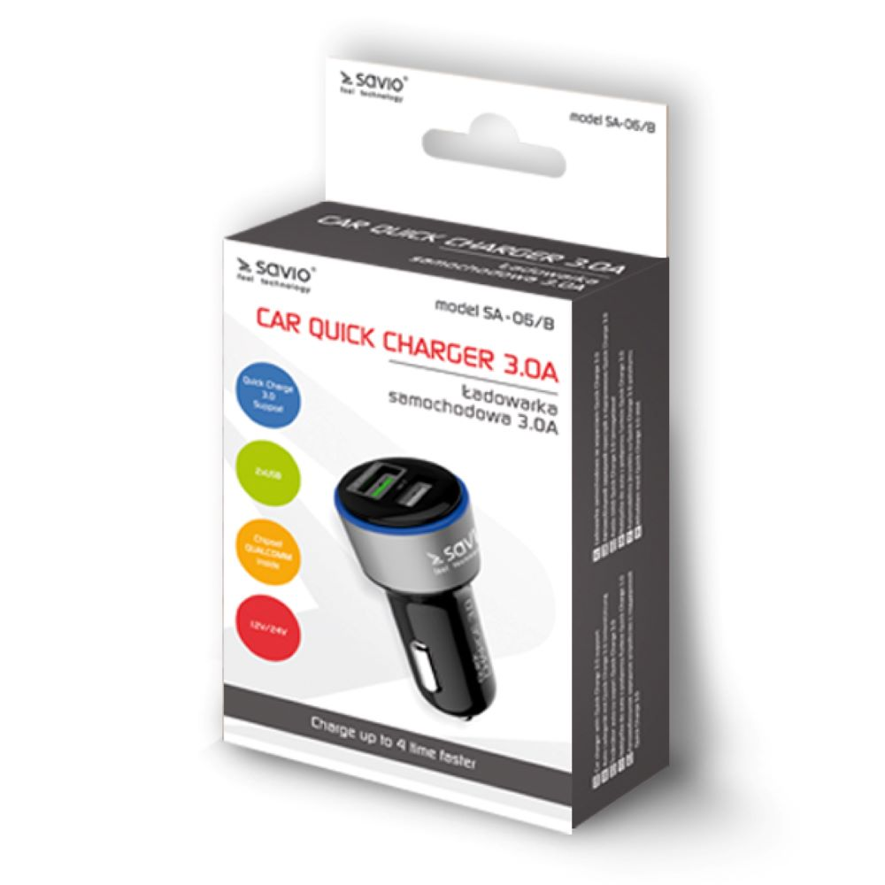 Pudełko Savio Car Quick Charger 3.0A z dwoma portami USB.