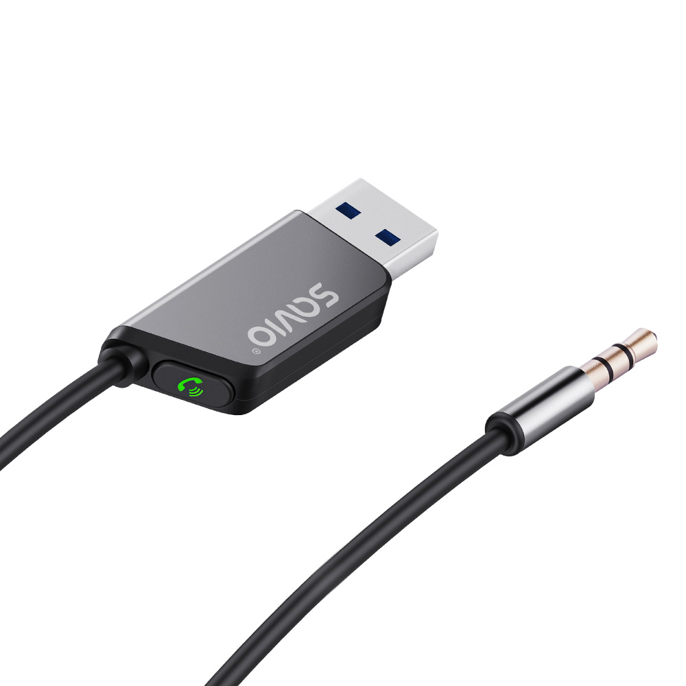 Szary adapter USB z gniazdem 3,5 mm i zieloną ikoną telefonu.
