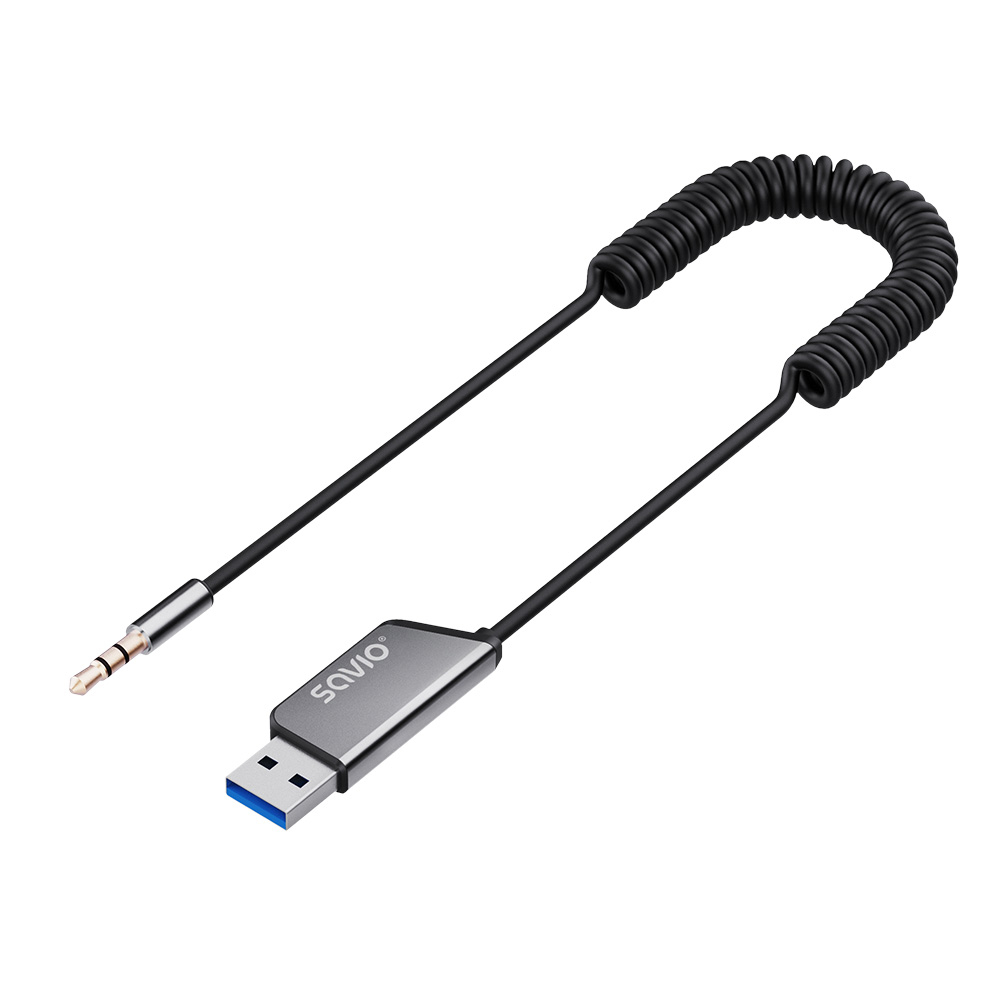 Czarny kabel spiralny ze złączami USB-A i jack 3,5 mm.