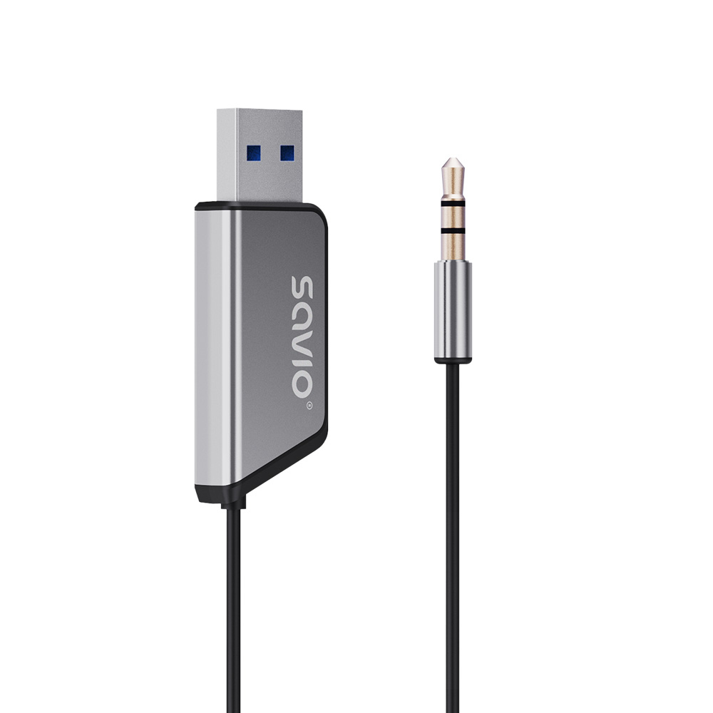 Srebrny kabel audio USB na 3,5 mm z logo marki na złączu USB.