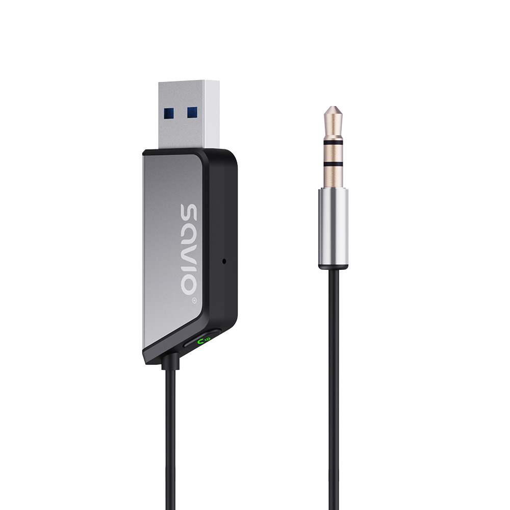 Srebrna wtyczka USB z czarną obudową i wtyk audio 3,5 mm.