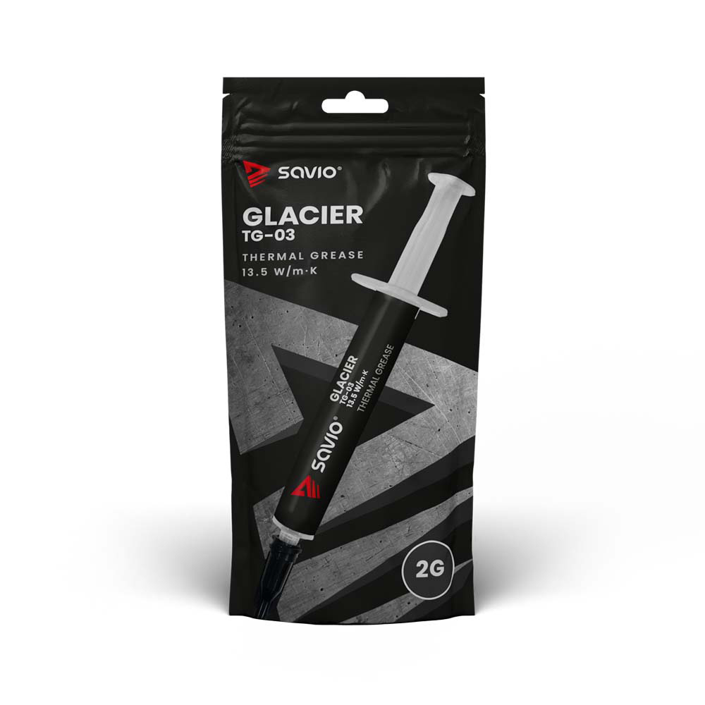 Opakowanie pasty termoprzewodzącej SAVIO GLACIER TG-03 2G ze strzykawką.