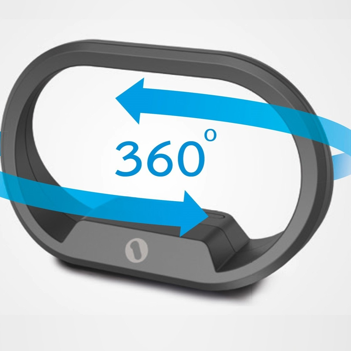 Un dispositivo ovale grigio con frecce blu e il numero 360.