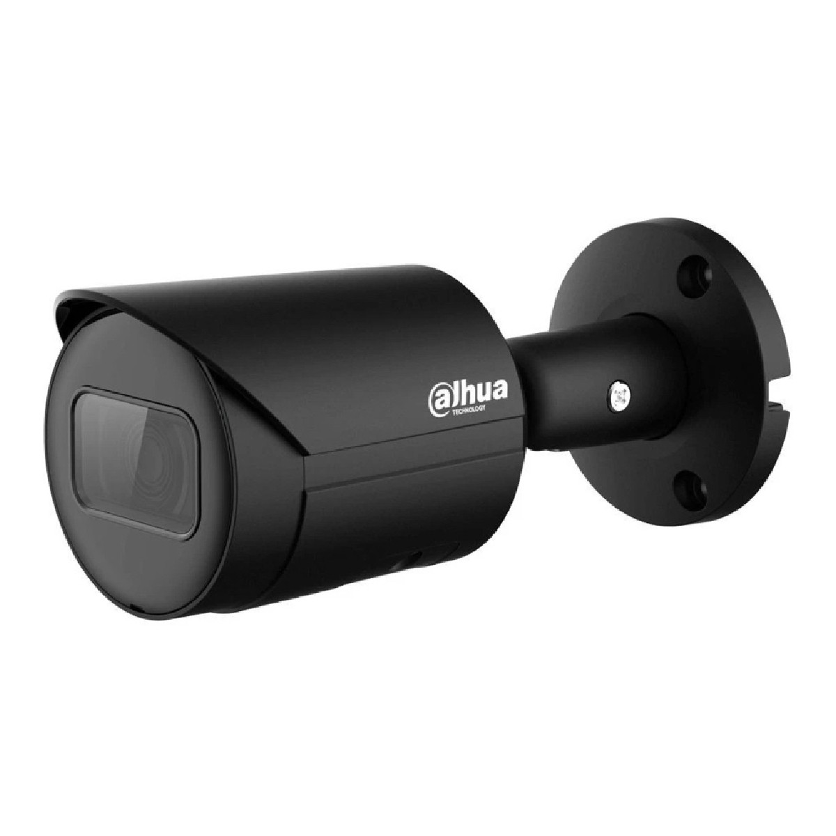Una telecamera di sicurezza Dahua nera con obiettivo rettangolare è montata su sfondo bianco.