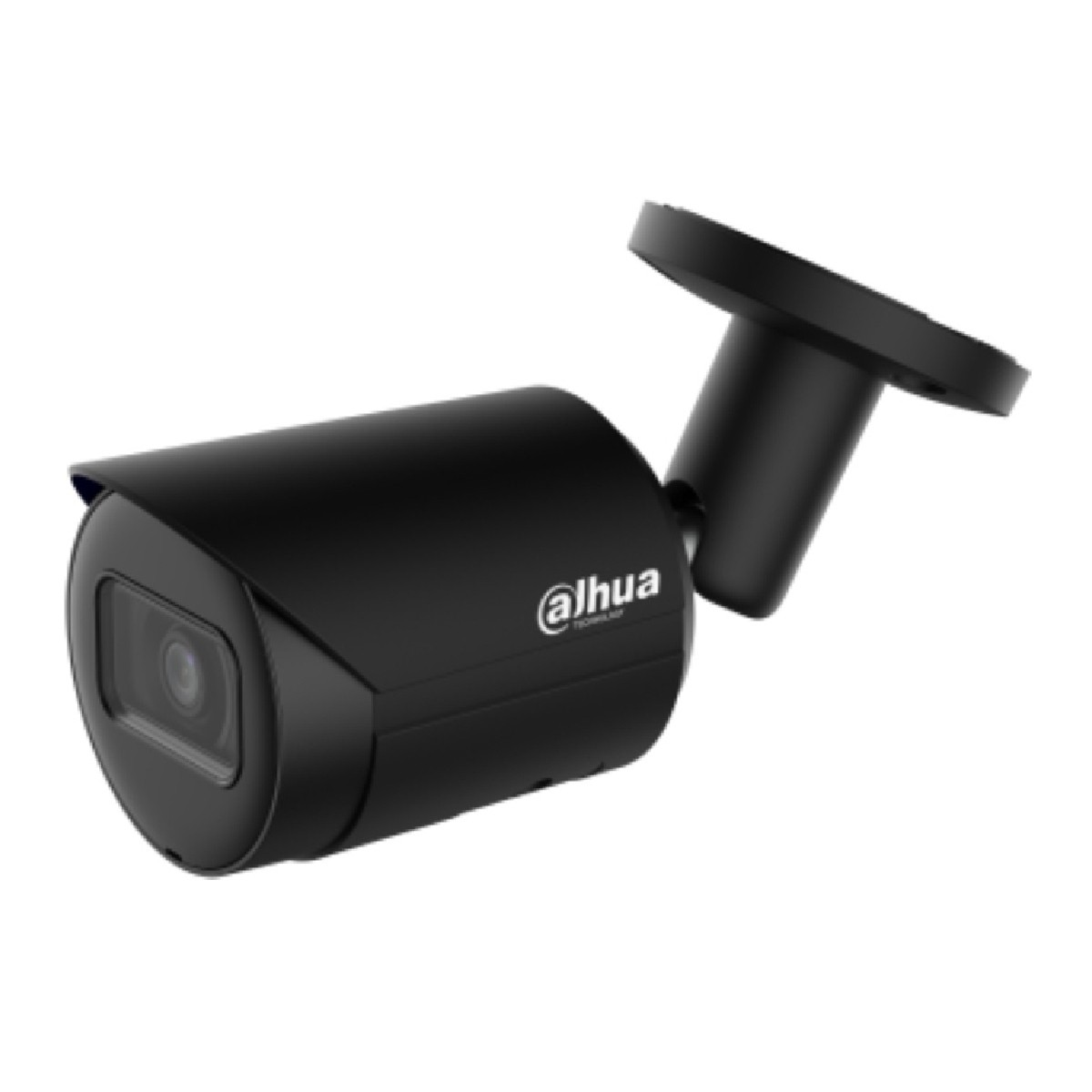 Una telecamera di sicurezza Dahua nera a proiettile con logo bianco è mostrata su sfondo bianco.