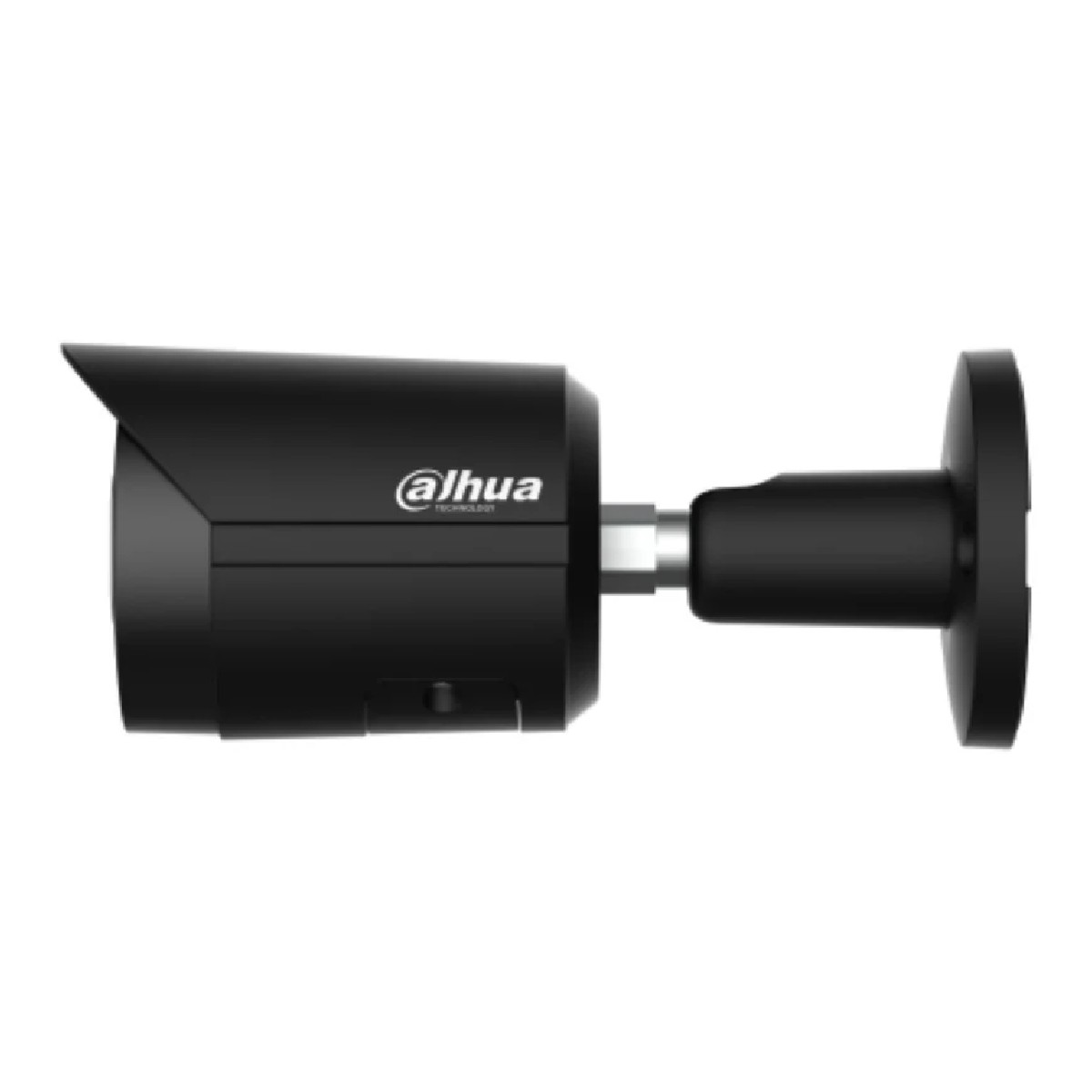Una telecamera di sicurezza Dahua nera è montata a parete con logo visibile.