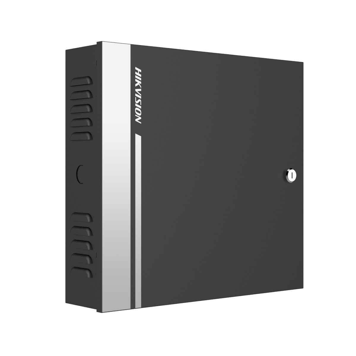 Contenitore Hikvision grigio scuro con prese d'aria e serratura.