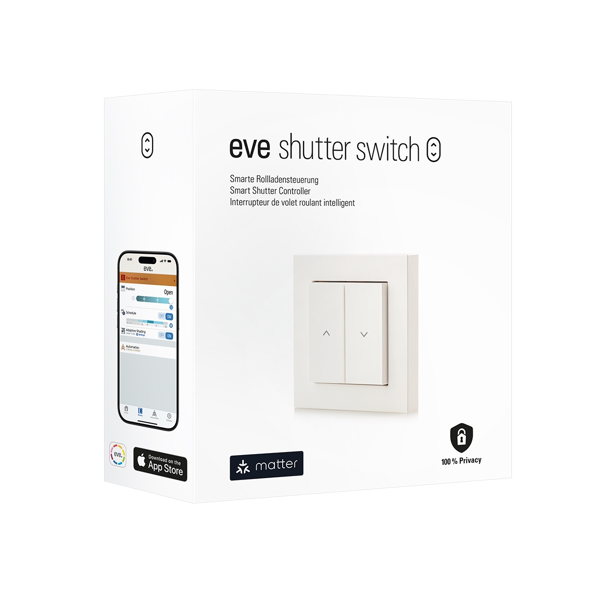 Pudełko z przełącznikiem Eve Smart Shutter, widokiem aplikacji i logo Matter.