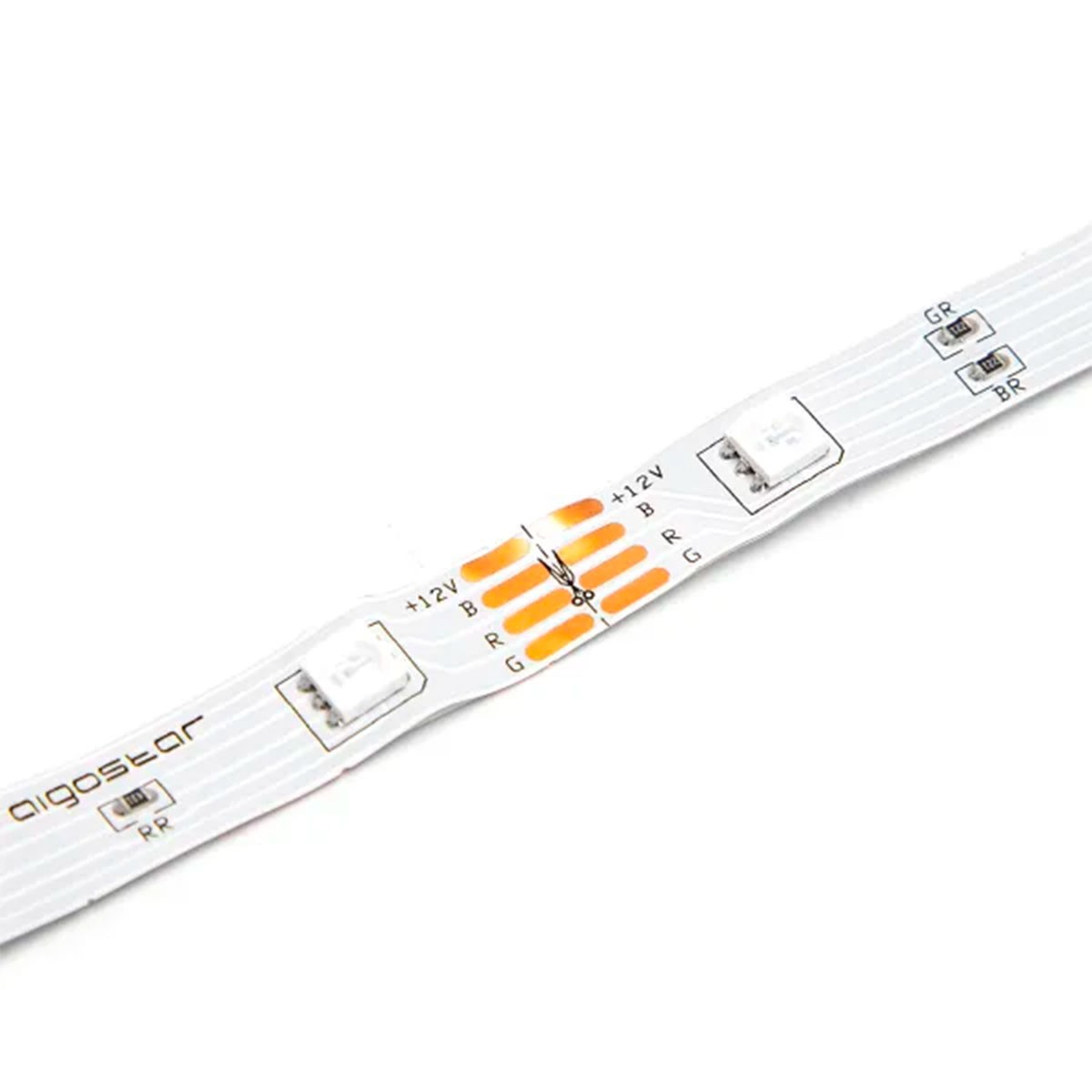 Un segmento di striscia LED bianca che mostra contatti ed etichette come +12V, B, R, G.