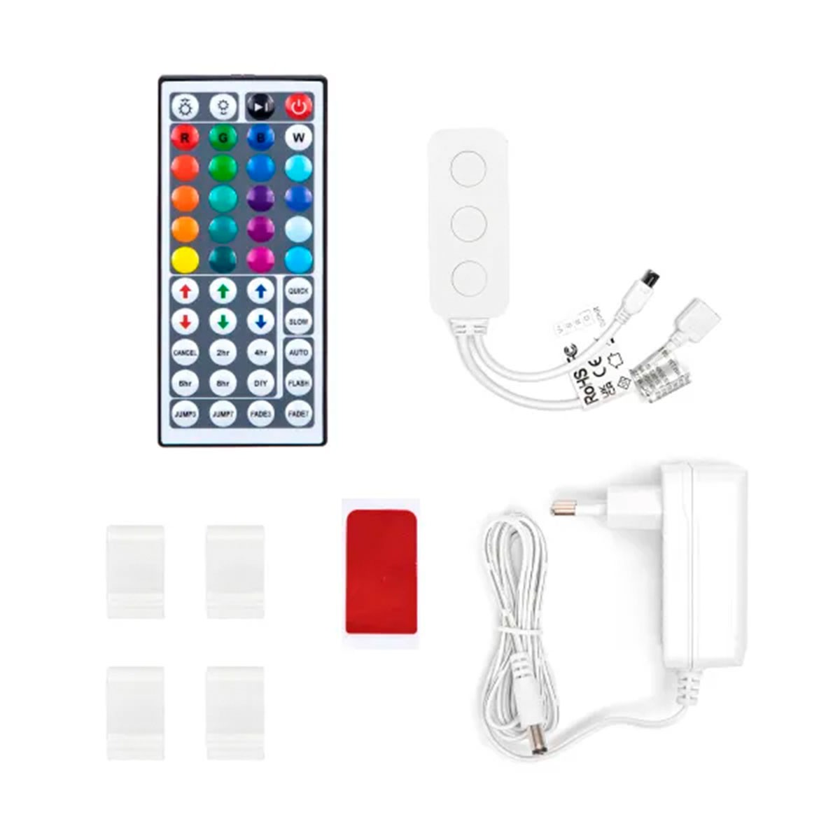 Un kit controller LED con telecomando, alimentatore e cavi.