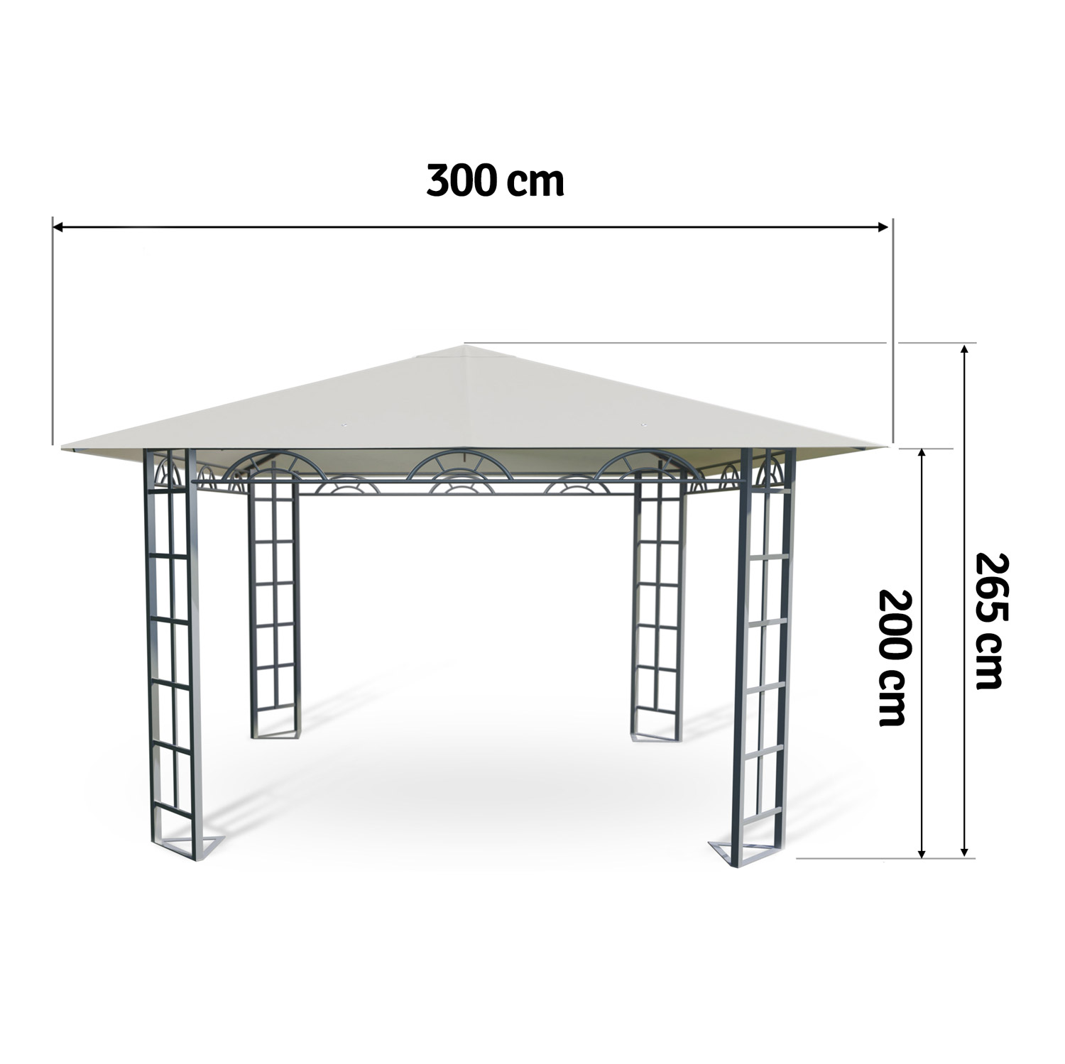 Beżowy pawilon z metalową ramą, szeroki na 300cm i wysoki na 265cm.