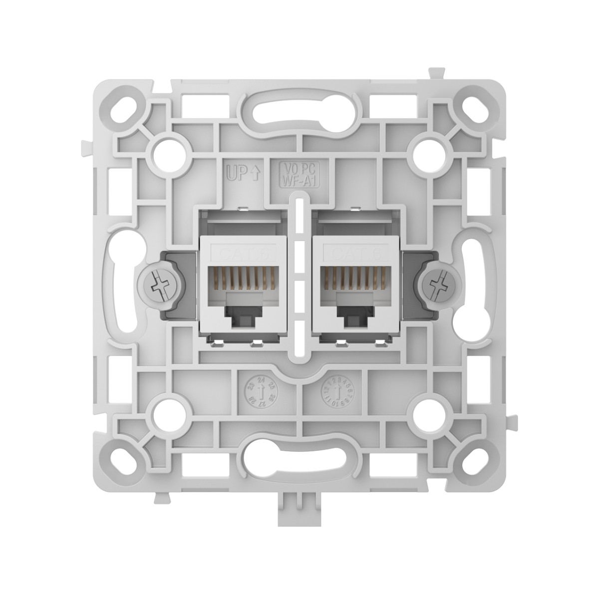 Porta modulo Keystone di rete bianca con due porte CAT 6 e frecce verso l'alto.