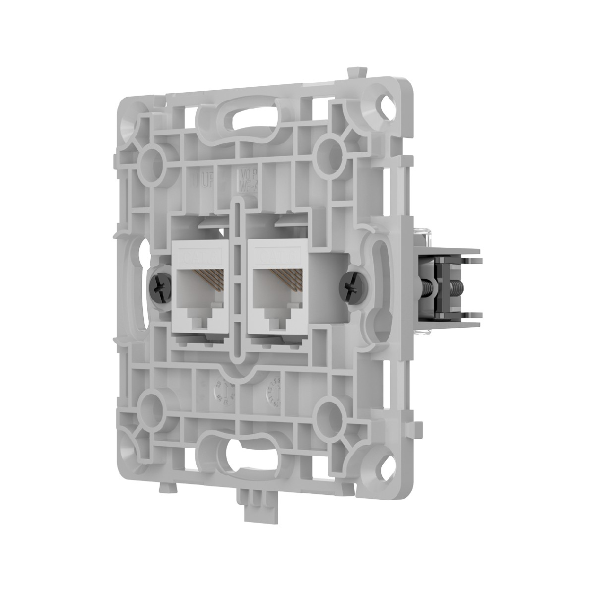 Una presa di rete bianca con due porte RJ45 e viti di montaggio.