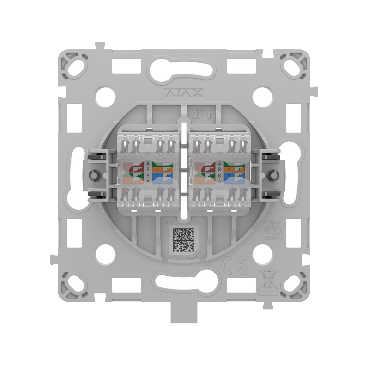 Una placca frontale di rete Ajax grigia con due prese RJ45 e morsetti colorati.