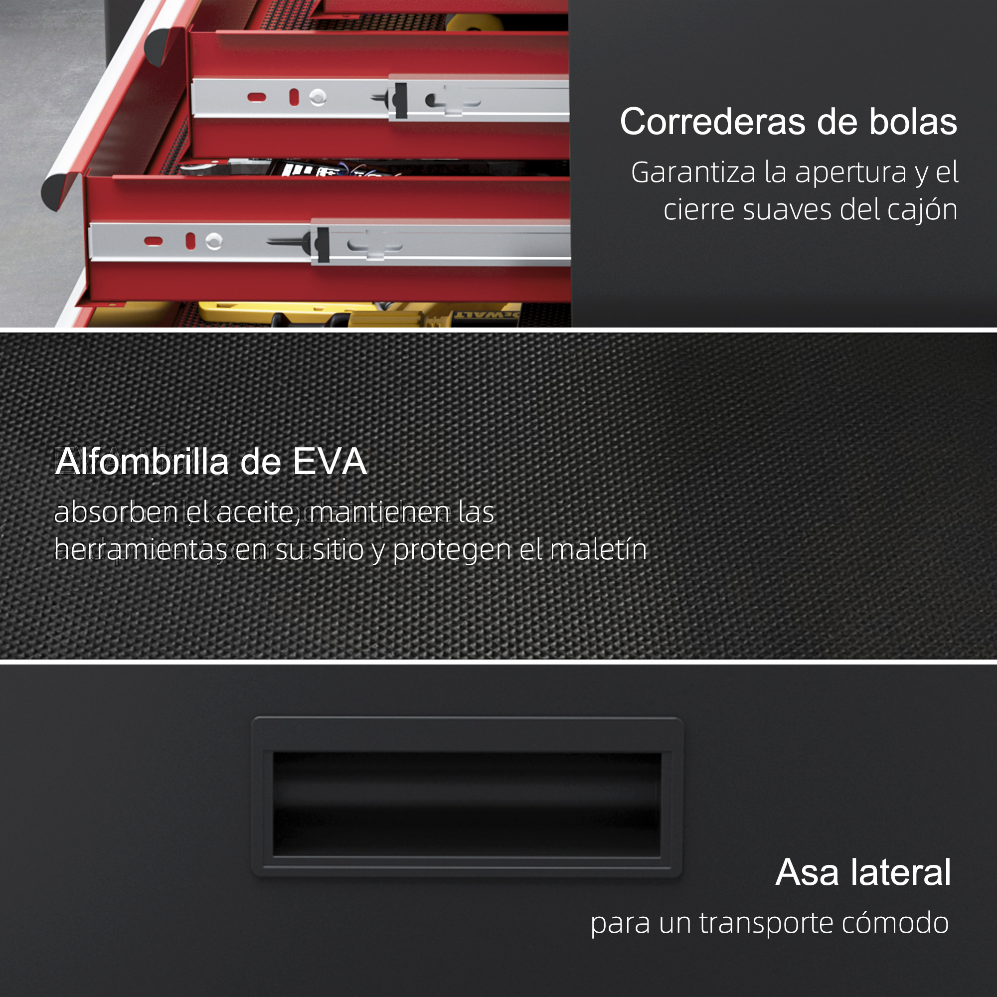 Caja de herramientas con correderas de bolas, alfombrilla EVA y asa.
