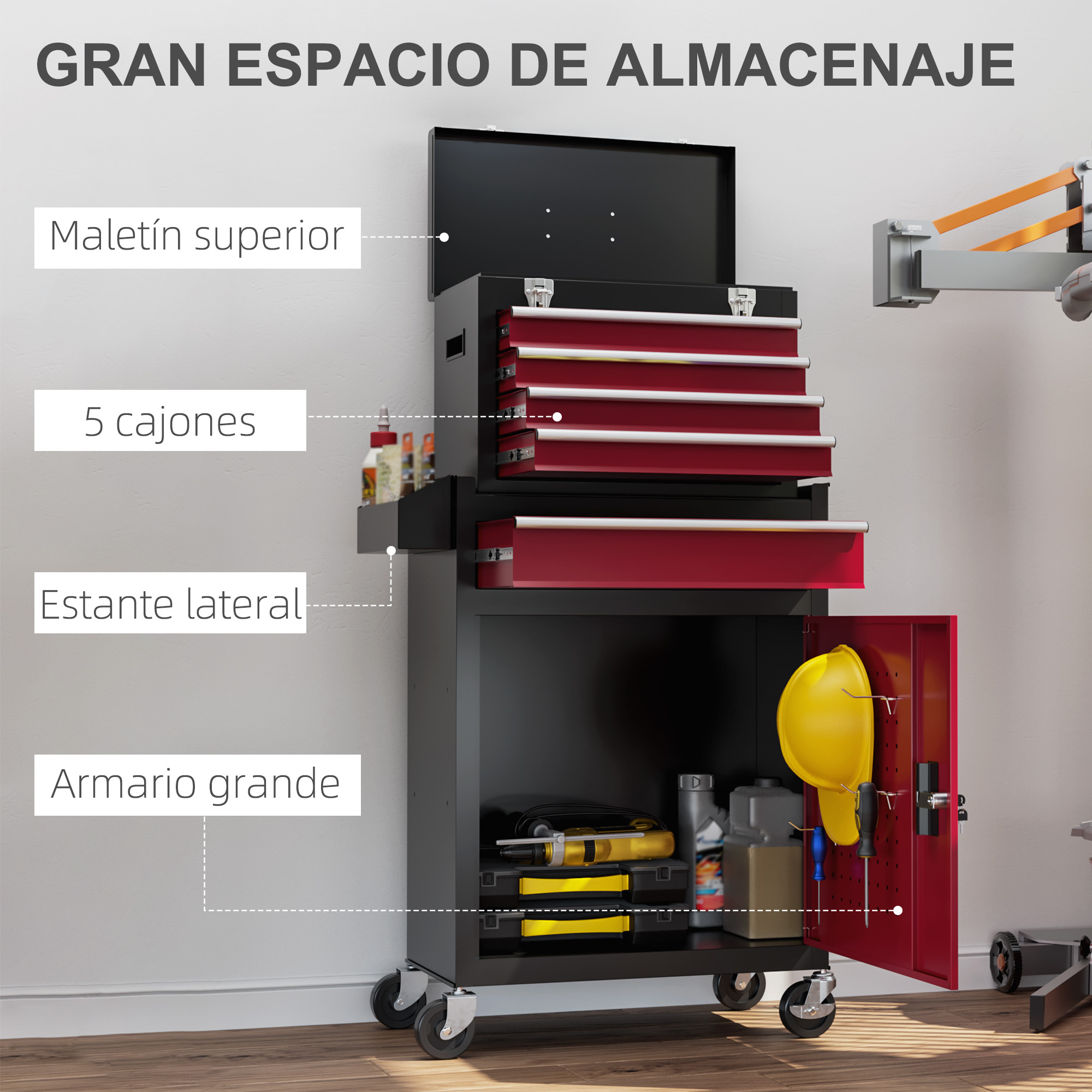 Un cofre de herramientas negro con cajones rojos y un compartimento abierto con herramientas.