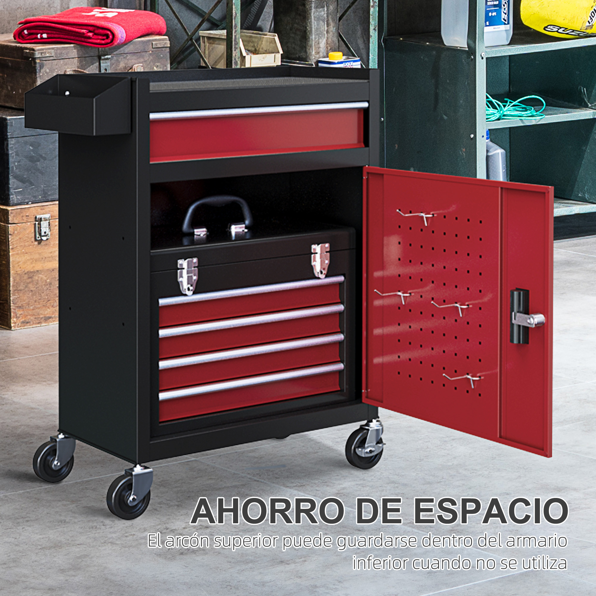 Un carrito de herramientas negro con puerta y cajones rojos, sobre ruedas.