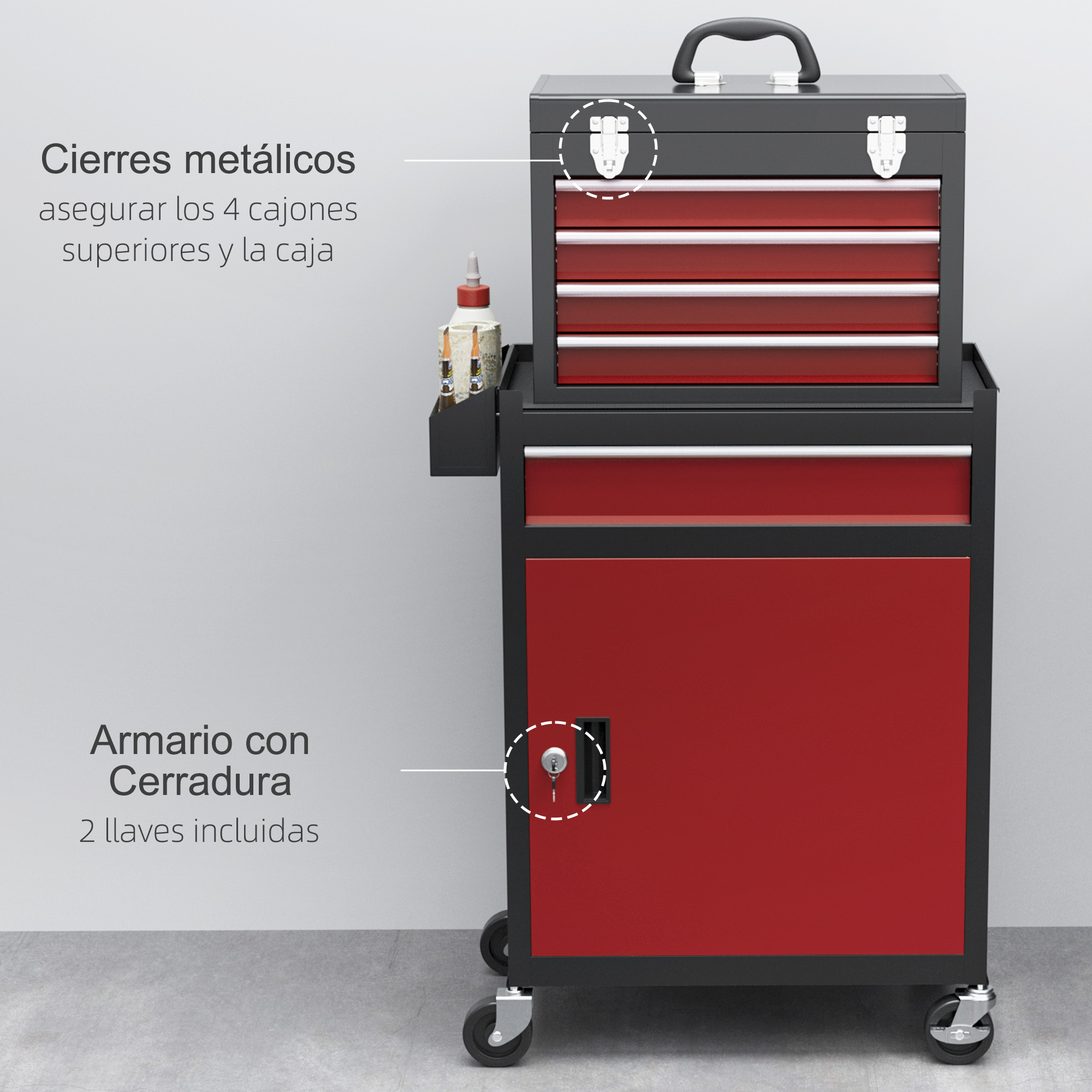 Un carrito de herramientas rojo con cajones y un armario con cerradura.