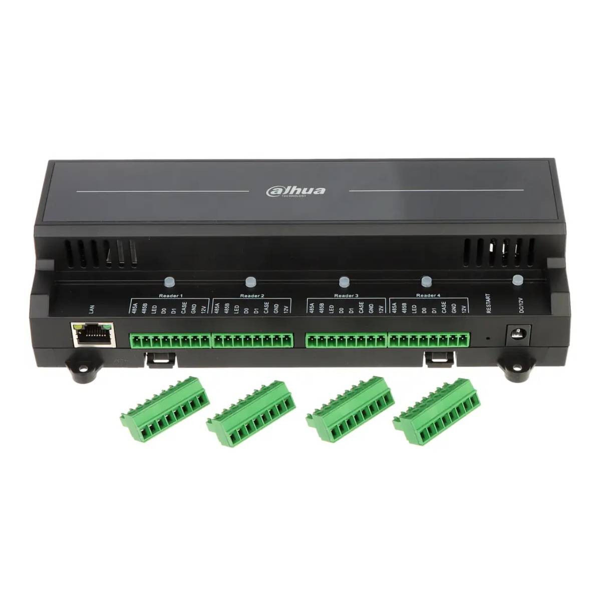 Pannello nero Dahua per controllo accessi con 4 lettori, porta LAN e ingresso DC/12V.