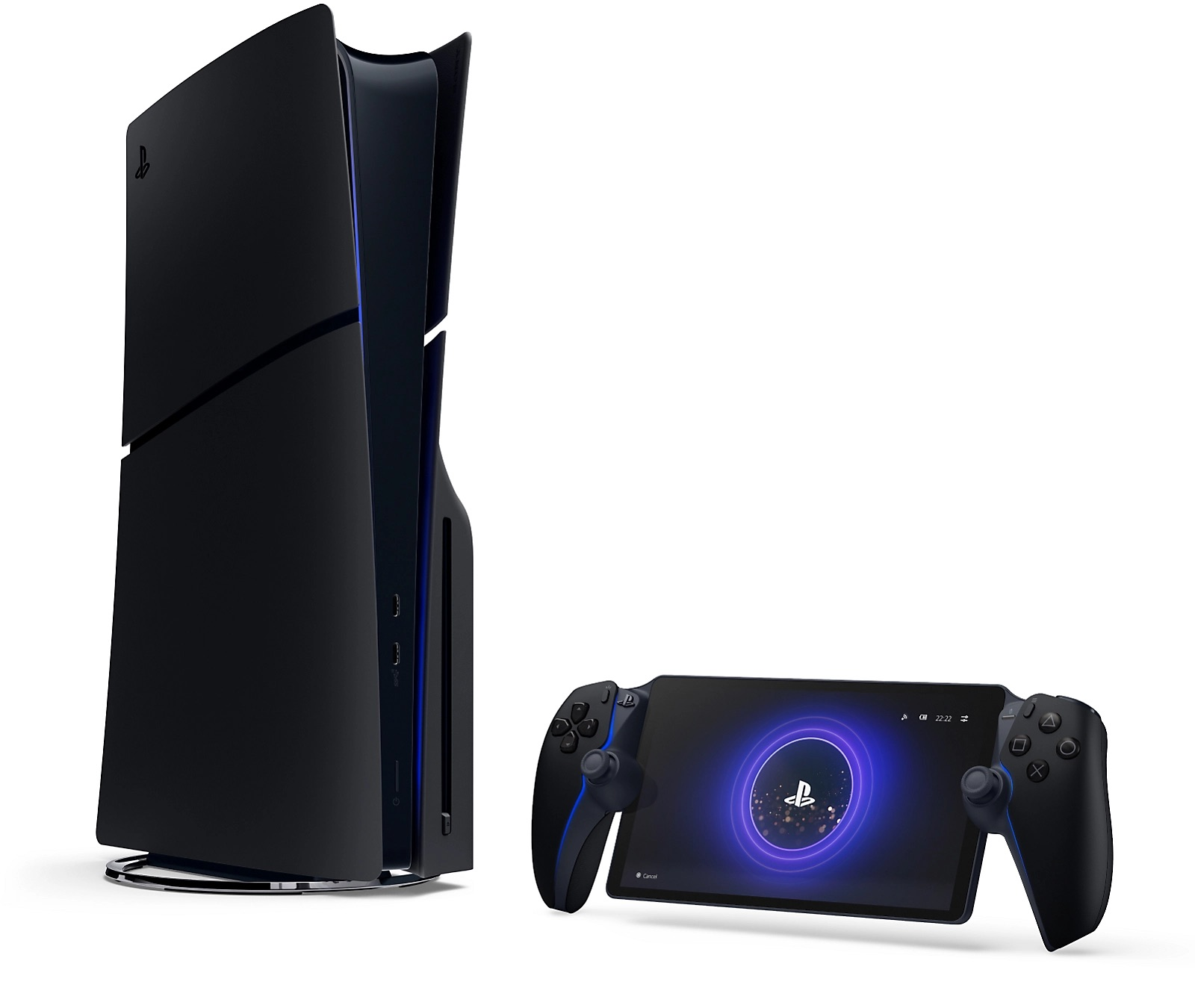 Consola PS5 negra con mando y pantalla, con detalles azules.