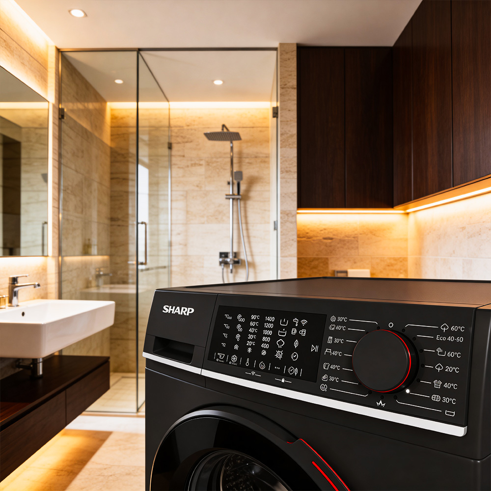A modern black washing machine in the foreground, with a bathroom and shower behind it.